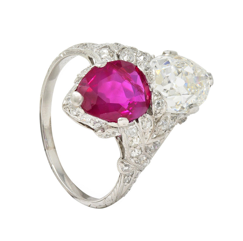 Art Deco Diamond No Heat Burma Ruby Platinum Toi-Et-Moi Antique Ring GIA AGL