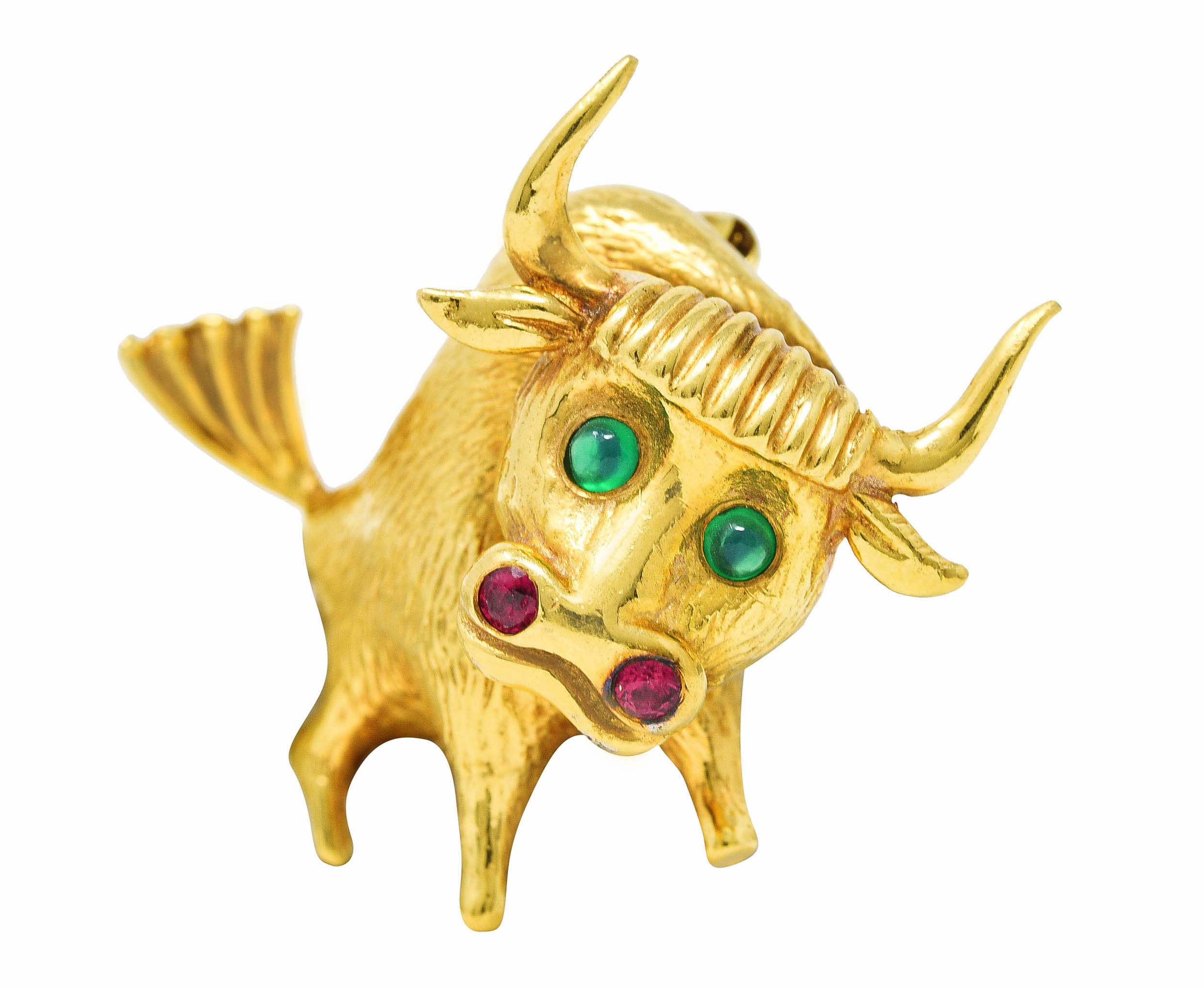 1960's Ruby Emerald 18 Karat Yellow Gold Bull Vintage Brooch Wilson's Estate Jewelry