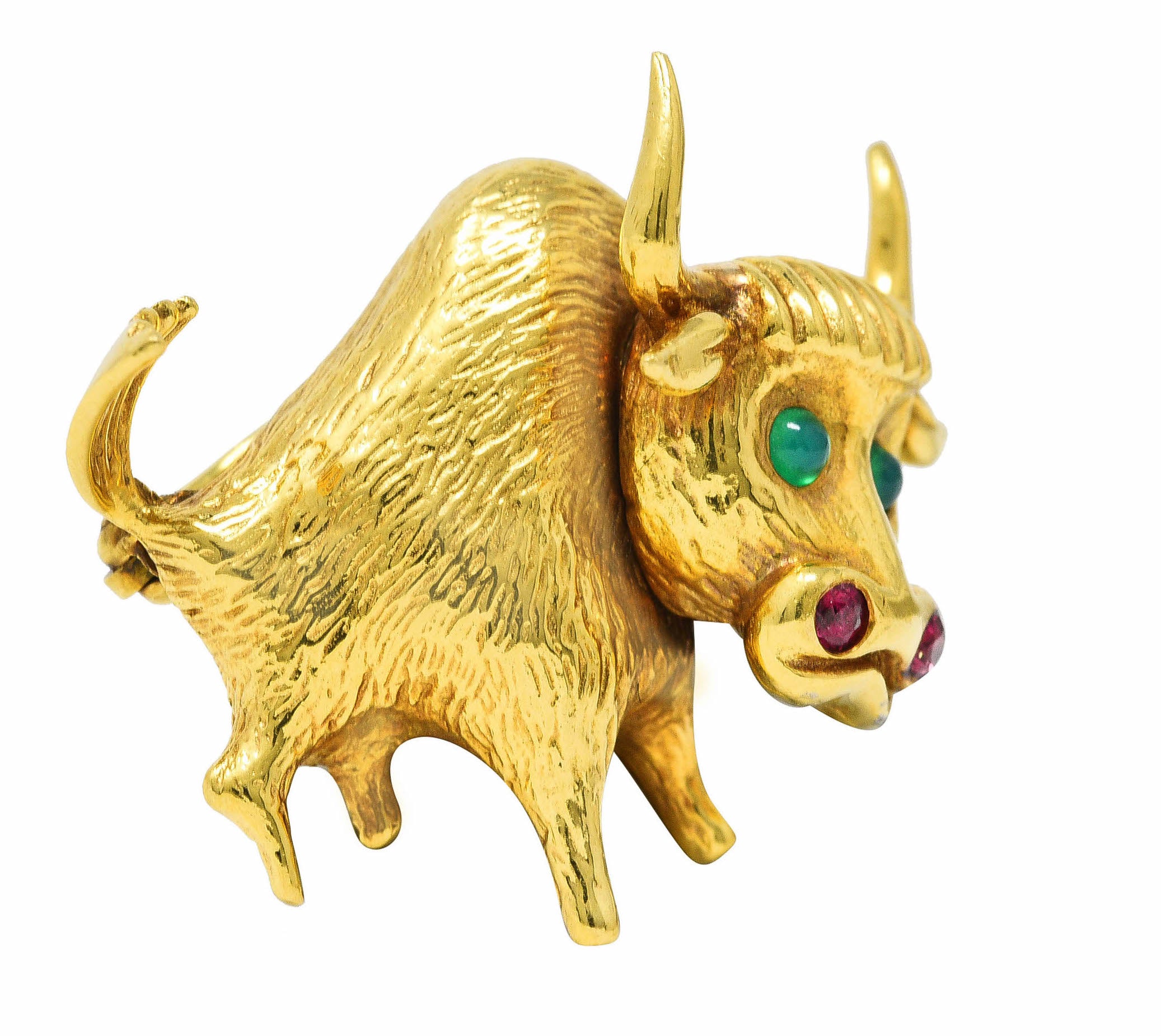 1960's Ruby Emerald 18 Karat Yellow Gold Bull Vintage Brooch Wilson's Estate Jewelry