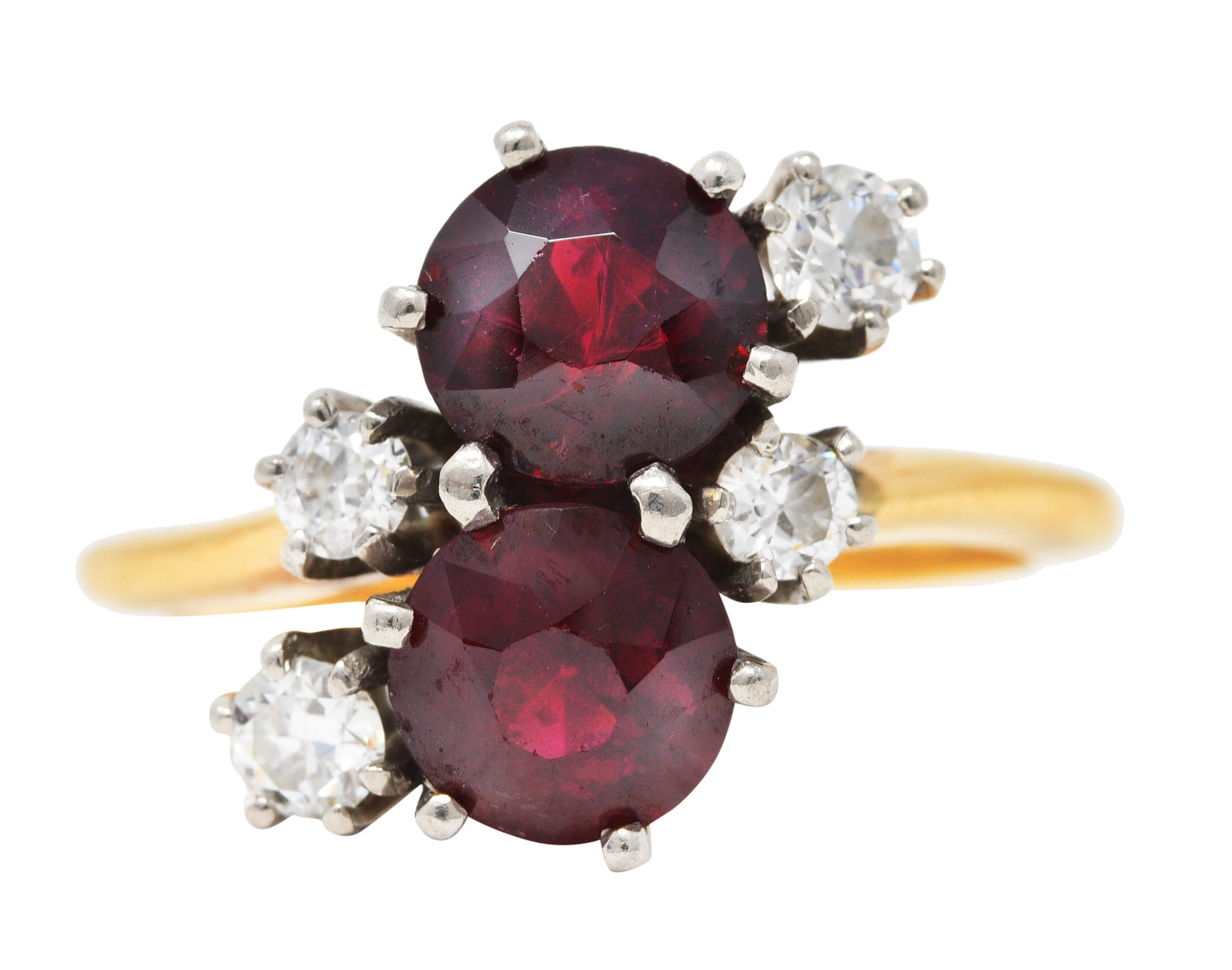 Retro Garnet Diamond Palladium 14 Karat Yellow Gold Cluster Toi Et Moi Vintage Ring Wilson's Estate Jewelry