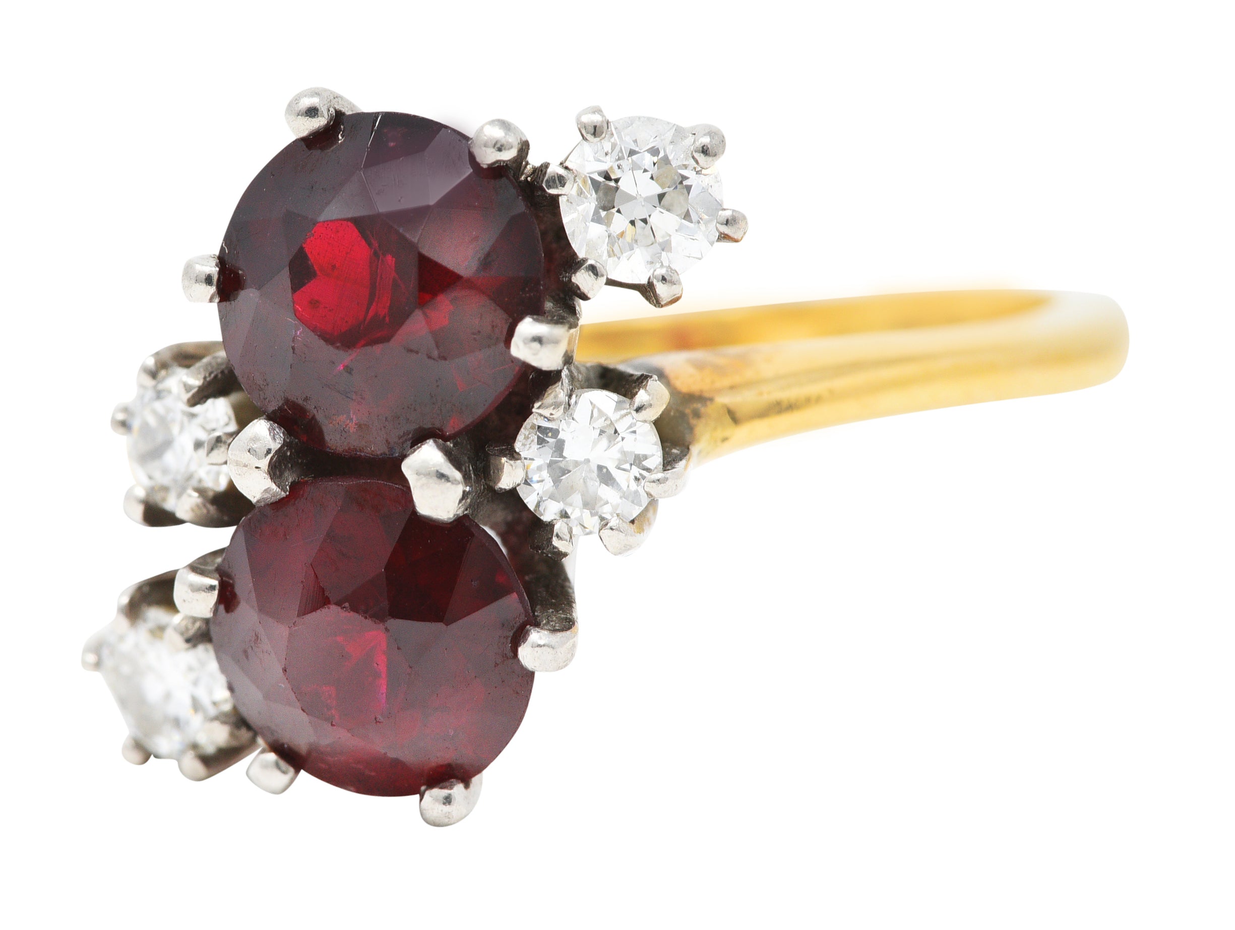 Retro Garnet Diamond Palladium 14 Karat Yellow Gold Cluster Toi Et Moi Vintage Ring Wilson's Estate Jewelry