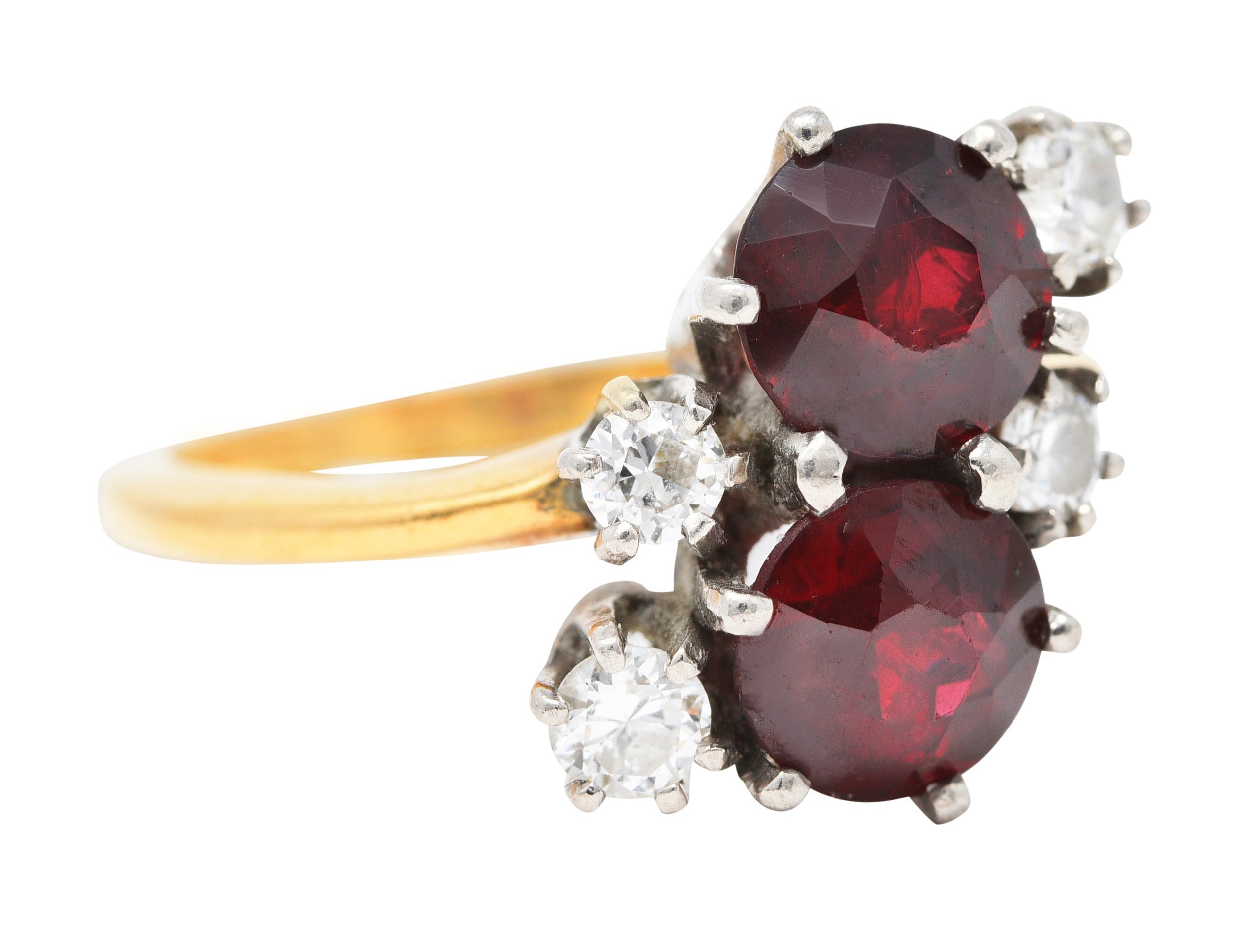 Retro Garnet Diamond Palladium 14 Karat Yellow Gold Cluster Toi Et Moi Vintage Ring Wilson's Estate Jewelry