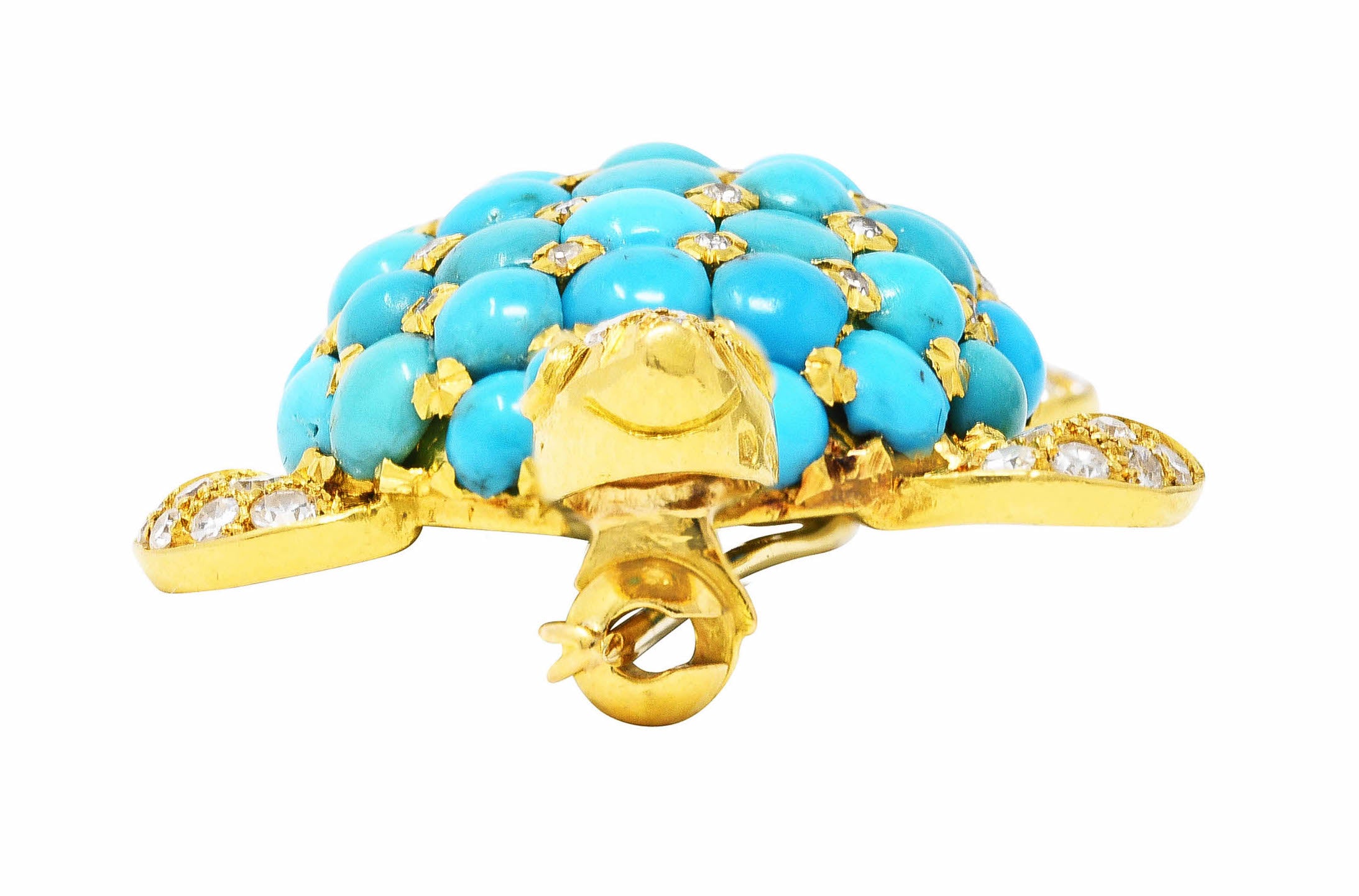 1960's Portuguese Diamond Turquoise 18 Karat Yellow Gold Vintage Turtle Brooch Wilson's Estate Jewelry