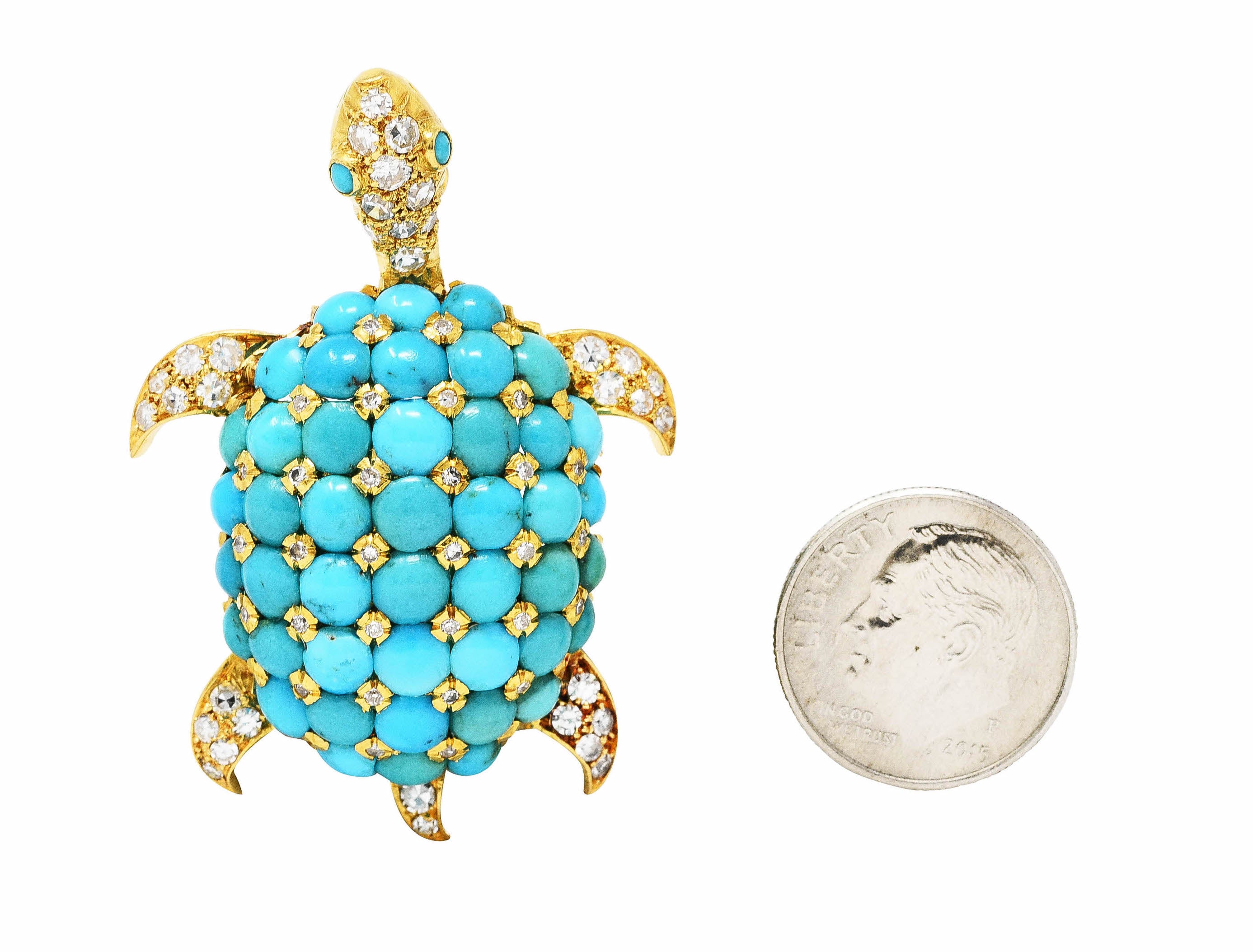 1960's Portuguese Diamond Turquoise 18 Karat Yellow Gold Vintage Turtle Brooch Wilson's Estate Jewelry