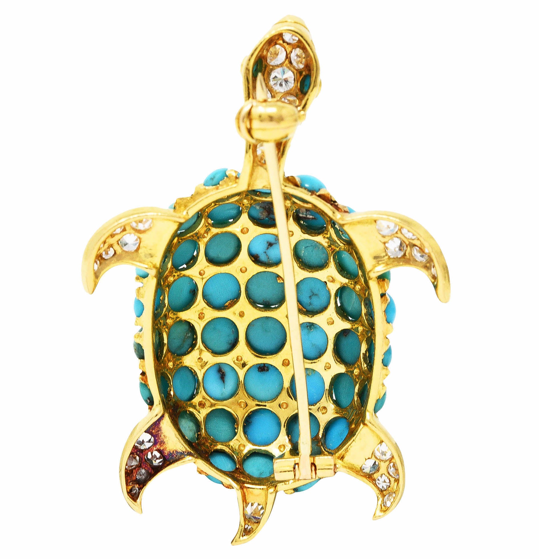 1960's Portuguese Diamond Turquoise 18 Karat Yellow Gold Vintage Turtle Brooch Wilson's Estate Jewelry