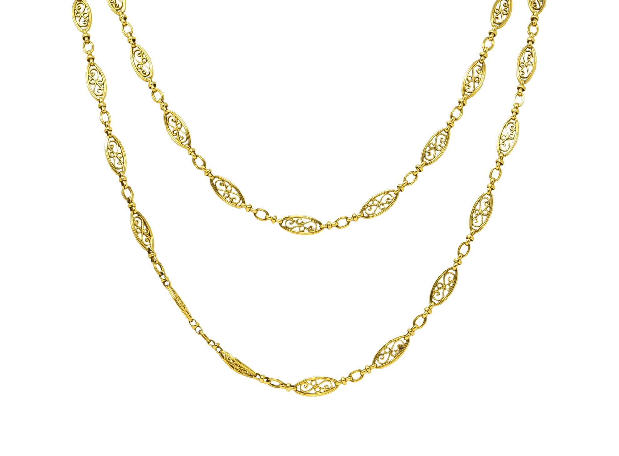 1840's French Victorian 18 Karat Yellow Gold Filigree 61 Inch Long Antique Chain Necklace Wilson's Estate Jewelry