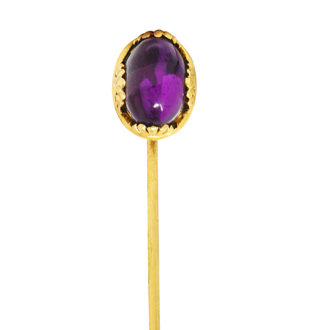 Early Art Nouveau Amethyst Cabochon 14 Karat Yellow Gold Antique Stickpin Wilson's Estate Jewelry