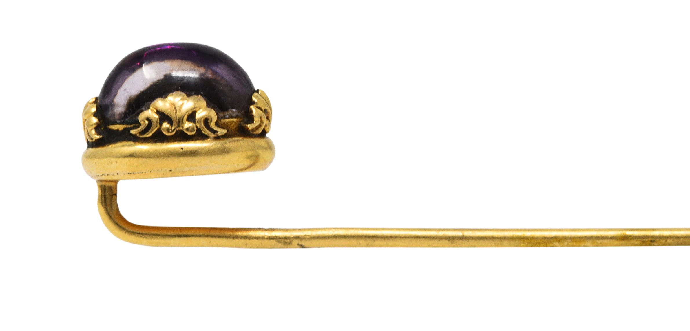 Early Art Nouveau Amethyst Cabochon 14 Karat Yellow Gold Antique Stickpin Wilson's Estate Jewelry