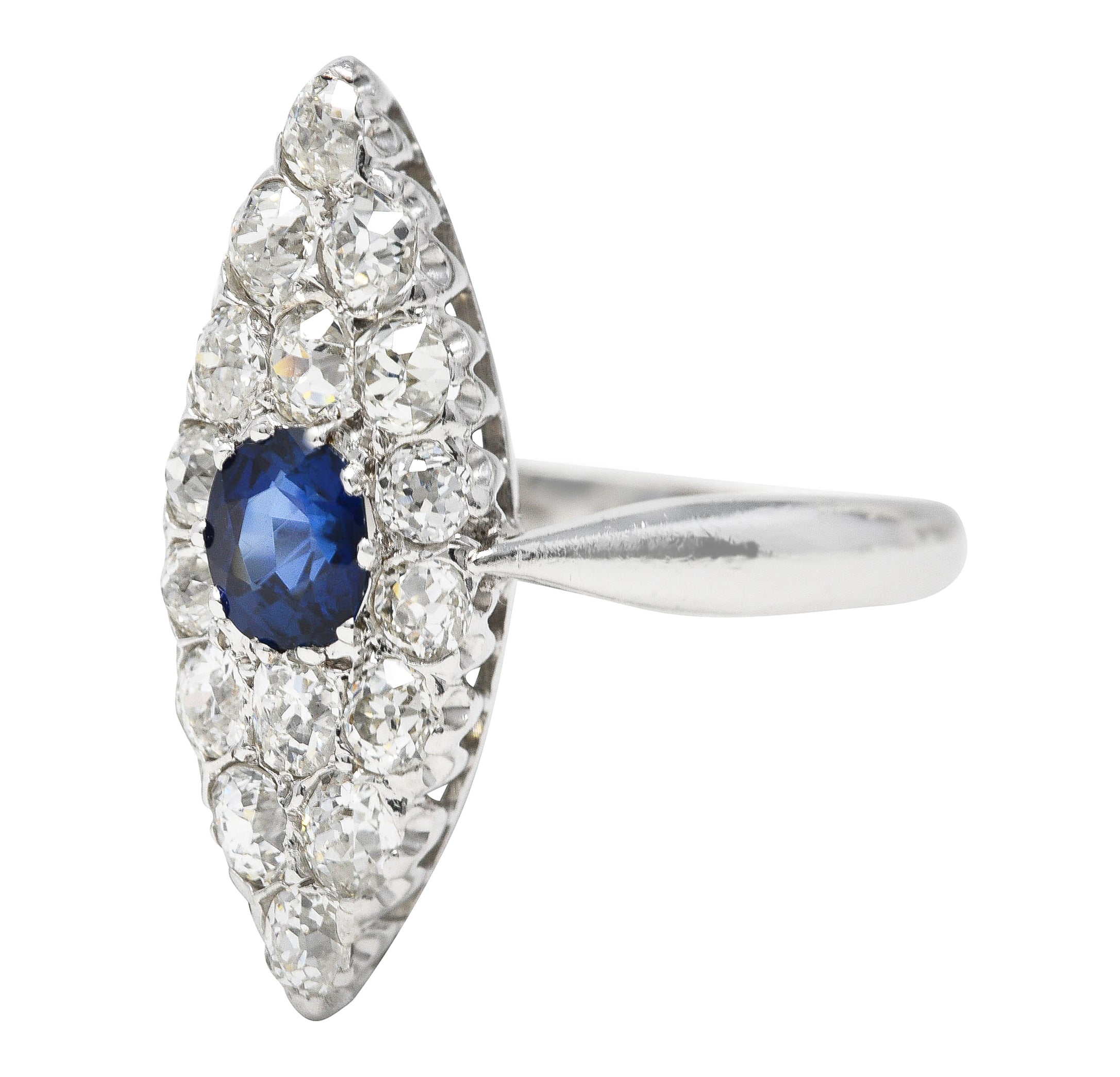 Edwardian 1.56 CTW Cushion Cut Sapphire Old Mine Cut Diamond 14 Karat White Gold Antique Navette Dinner Ring Wilson's Estate Jewelry