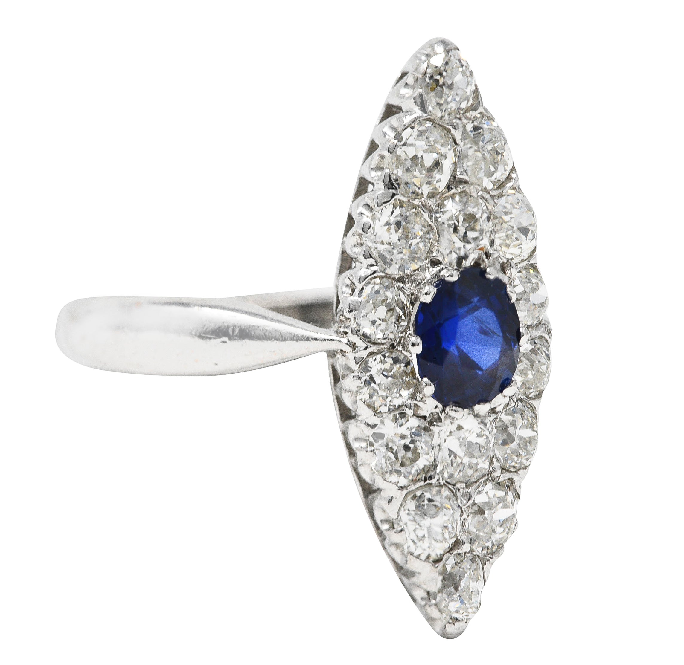 Edwardian 1.56 CTW Cushion Cut Sapphire Old Mine Cut Diamond 14 Karat White Gold Antique Navette Dinner Ring Wilson's Estate Jewelry