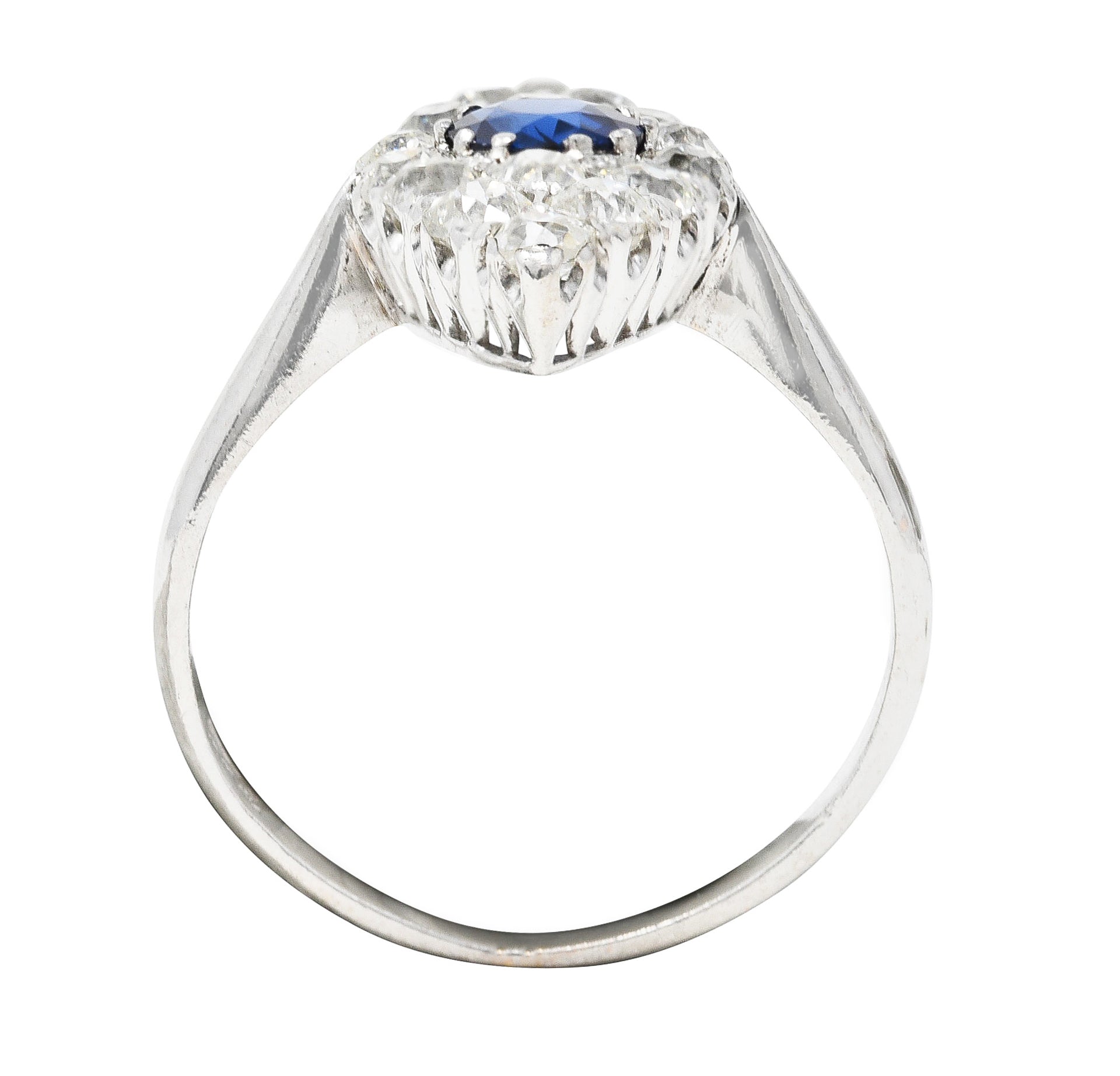 Edwardian 1.56 CTW Cushion Cut Sapphire Old Mine Cut Diamond 14 Karat White Gold Antique Navette Dinner Ring Wilson's Estate Jewelry