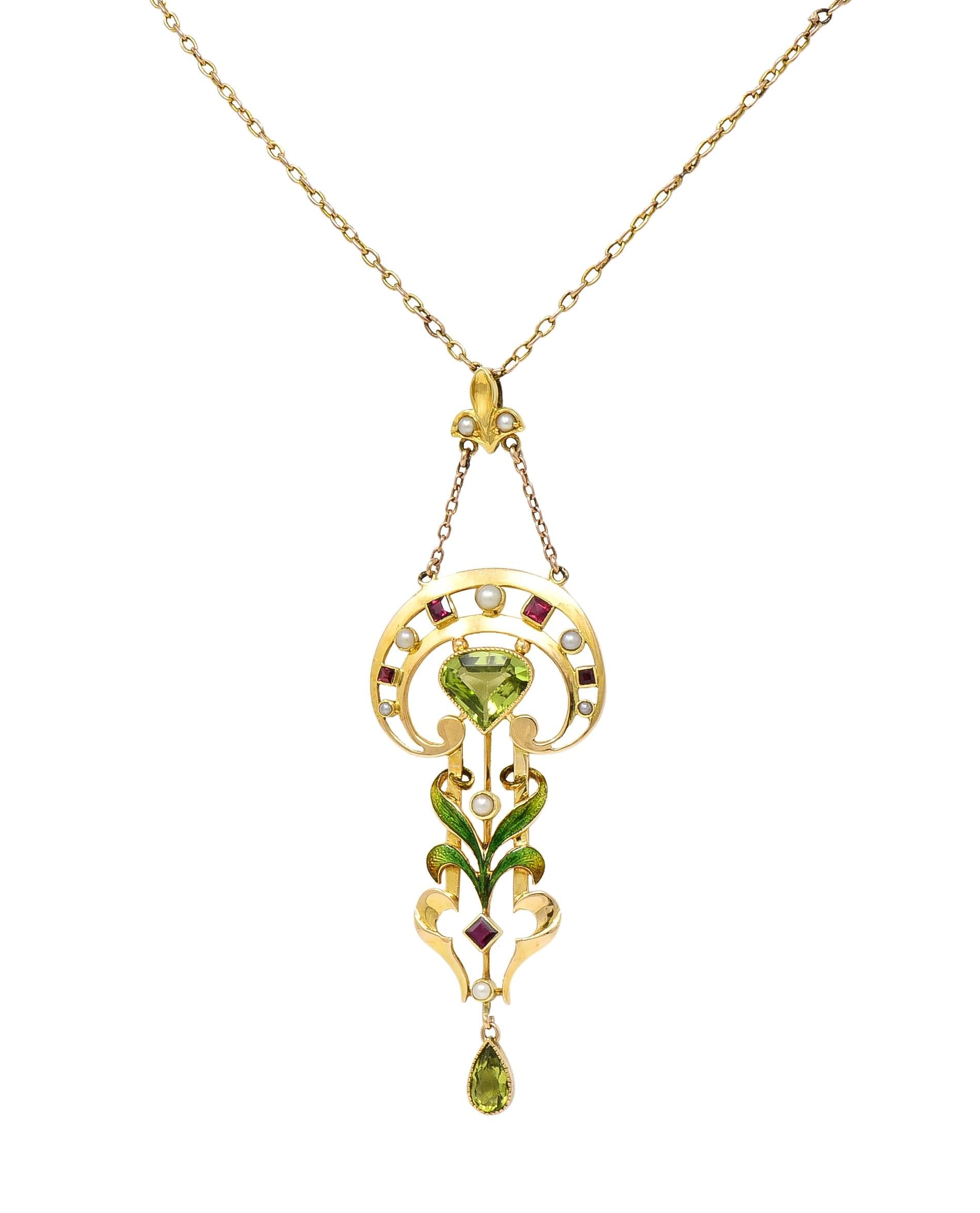 Art Nouveau Peridot Pearl Ruby 15 Karat Yellow Gold Antique Pendant Necklace