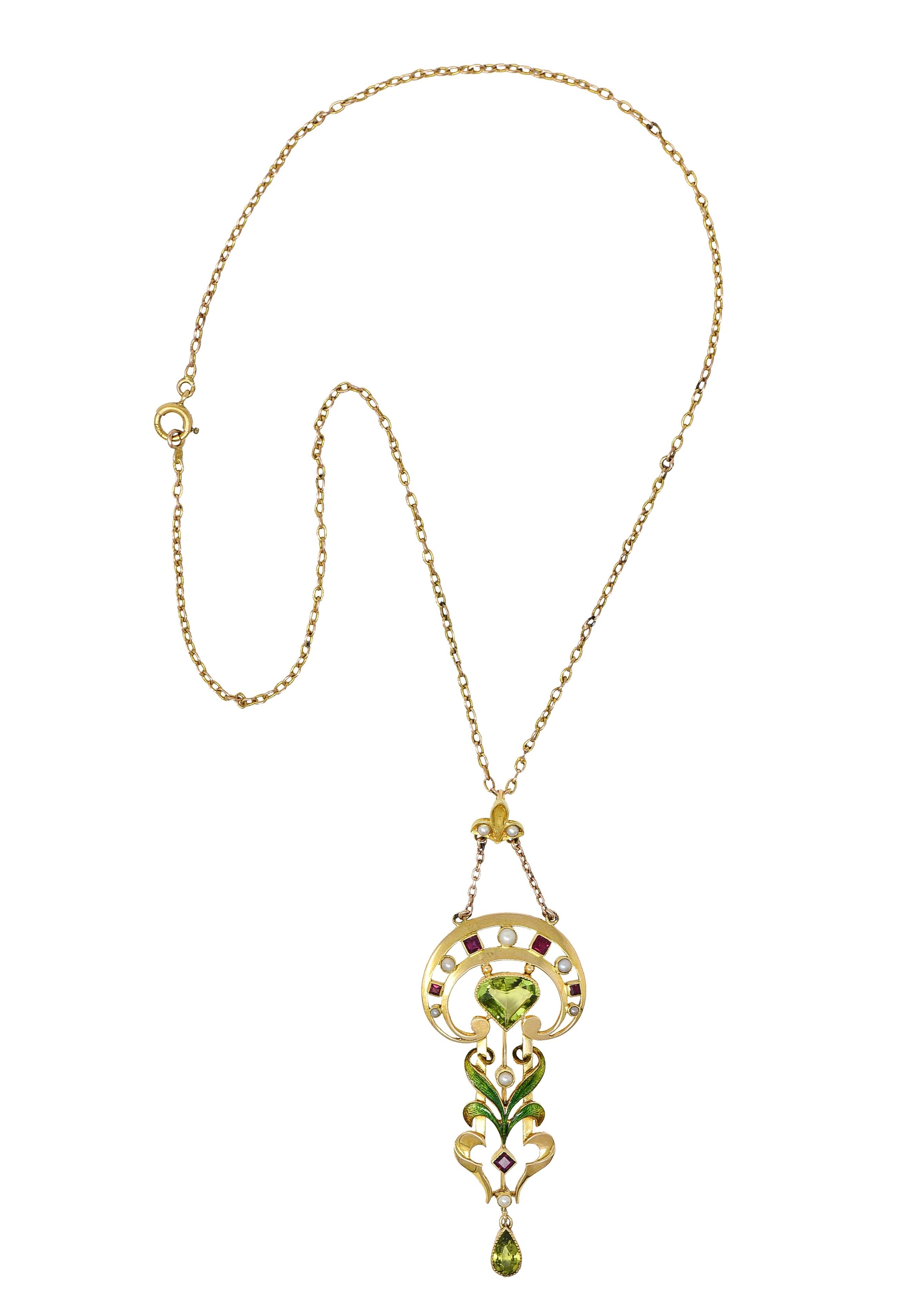 Art Nouveau Peridot Pearl Ruby 15 Karat Yellow Gold Antique Pendant Necklace