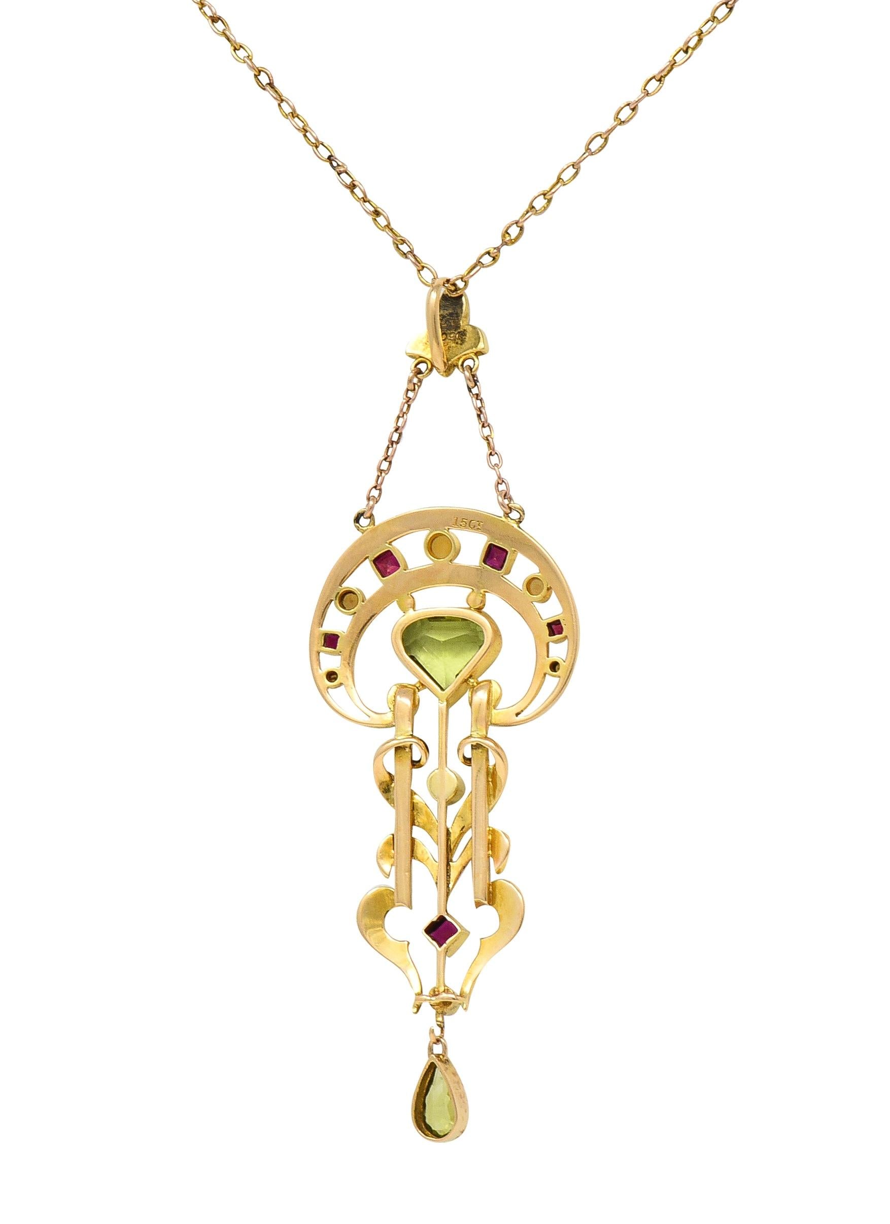 Art Nouveau Peridot Pearl Ruby 15 Karat Yellow Gold Antique Pendant Necklace