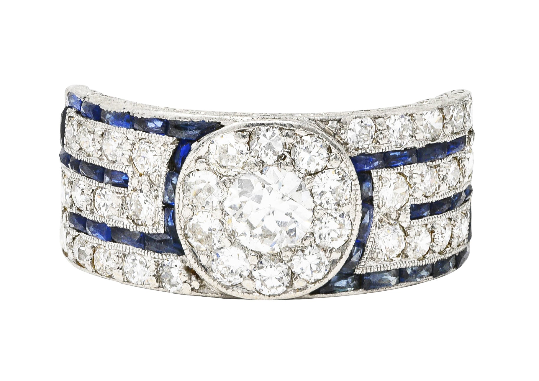 Art Deco 1.78 CTW Old European Cut Diamond Sapphire Greek Key Band Ring Wilson's Estate Jewelry