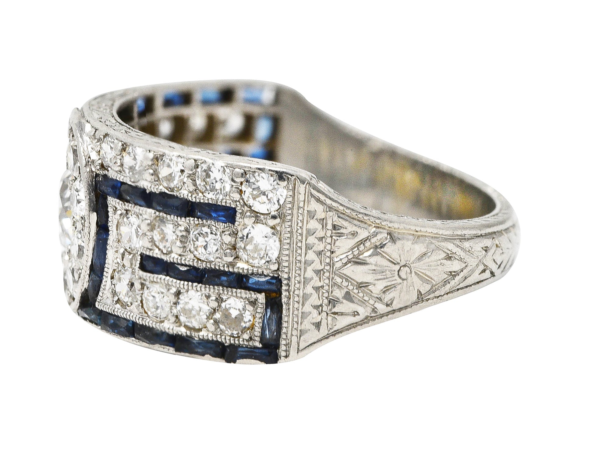 Art Deco 1.78 CTW Old European Cut Diamond Sapphire Greek Key Band Ring Wilson's Estate Jewelry