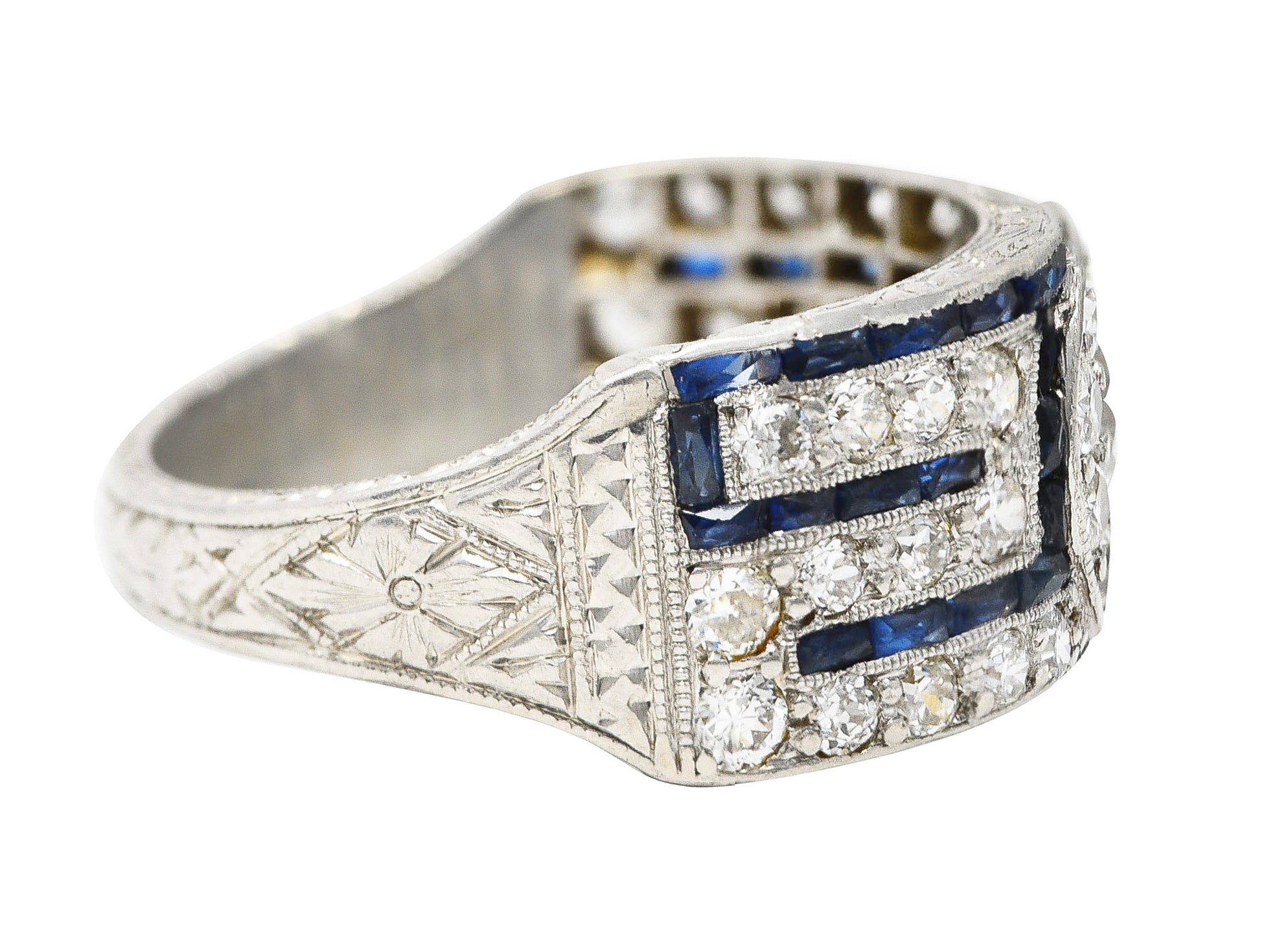 Art Deco 1.78 CTW Old European Cut Diamond Sapphire Greek Key Band Ring Wilson's Estate Jewelry