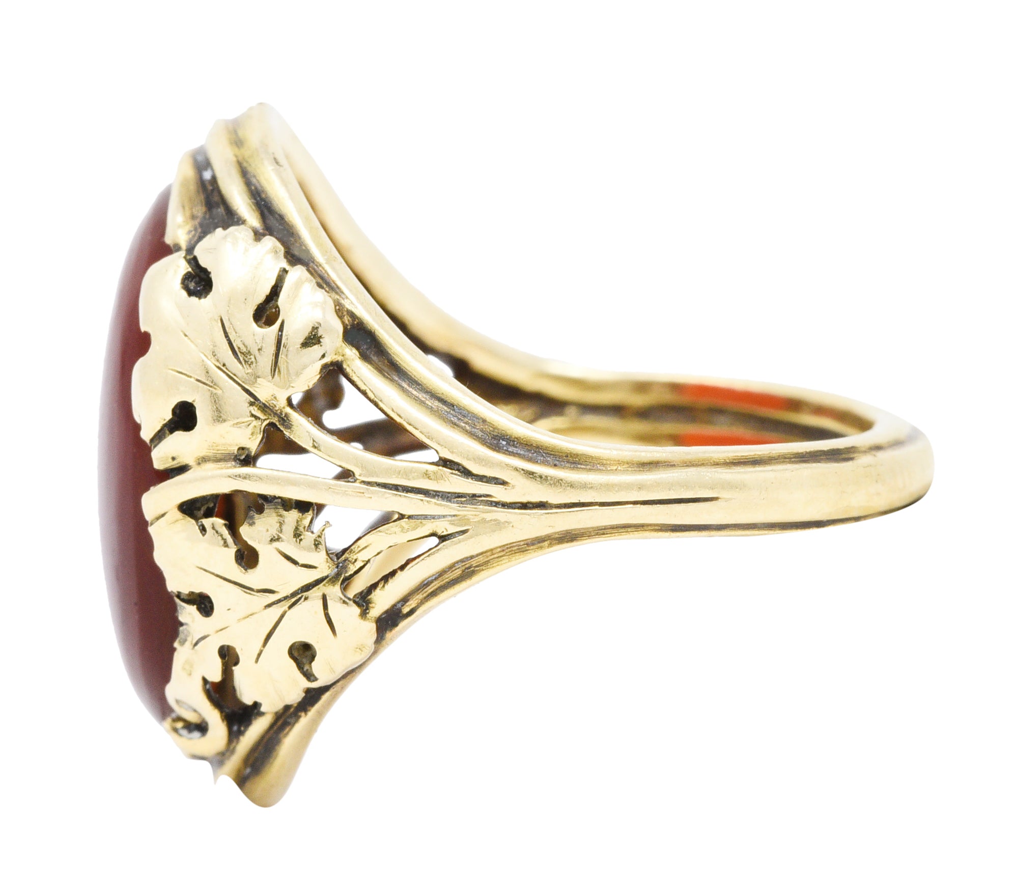 Arts & Crafts Carnelian Cabochon 18 Karat Gold Foliate RingRing - Wilson's Estate Jewelry