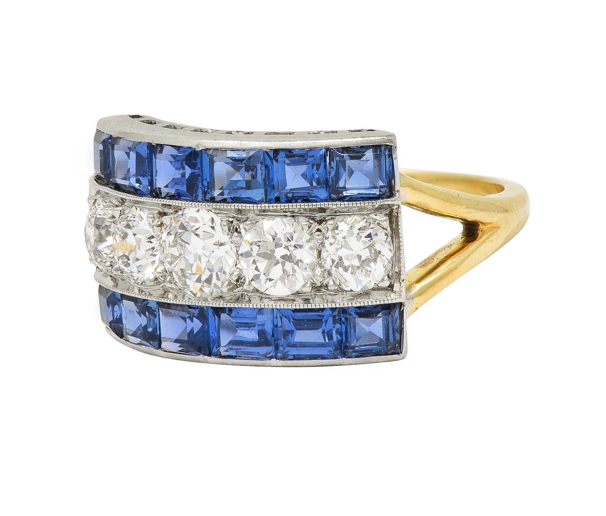 Art Deco 2.80 CTW Diamond Sapphire Platinum 18 Karat Gold Vintage Band Ring