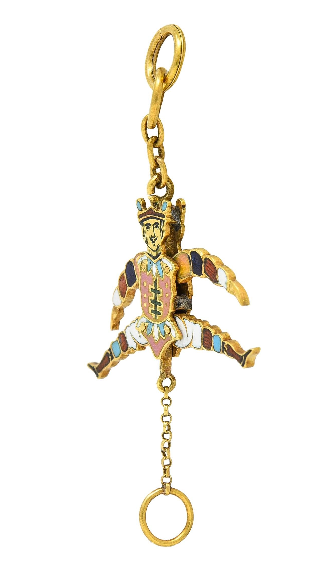 Victorian French Enamel 18 Karat Yellow Gold Jester Articulated Antique Charm