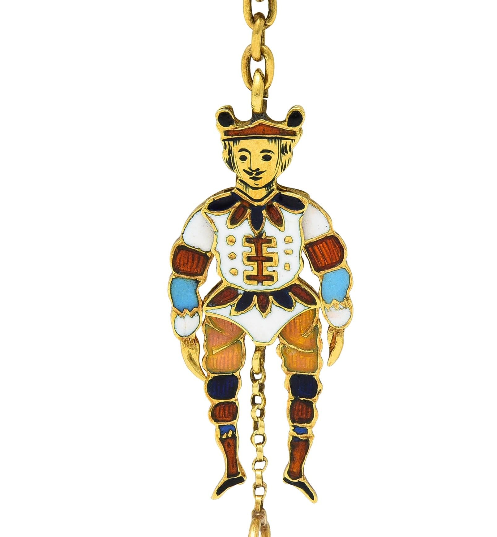 Victorian French Enamel 18 Karat Yellow Gold Jester Articulated Antique Charm