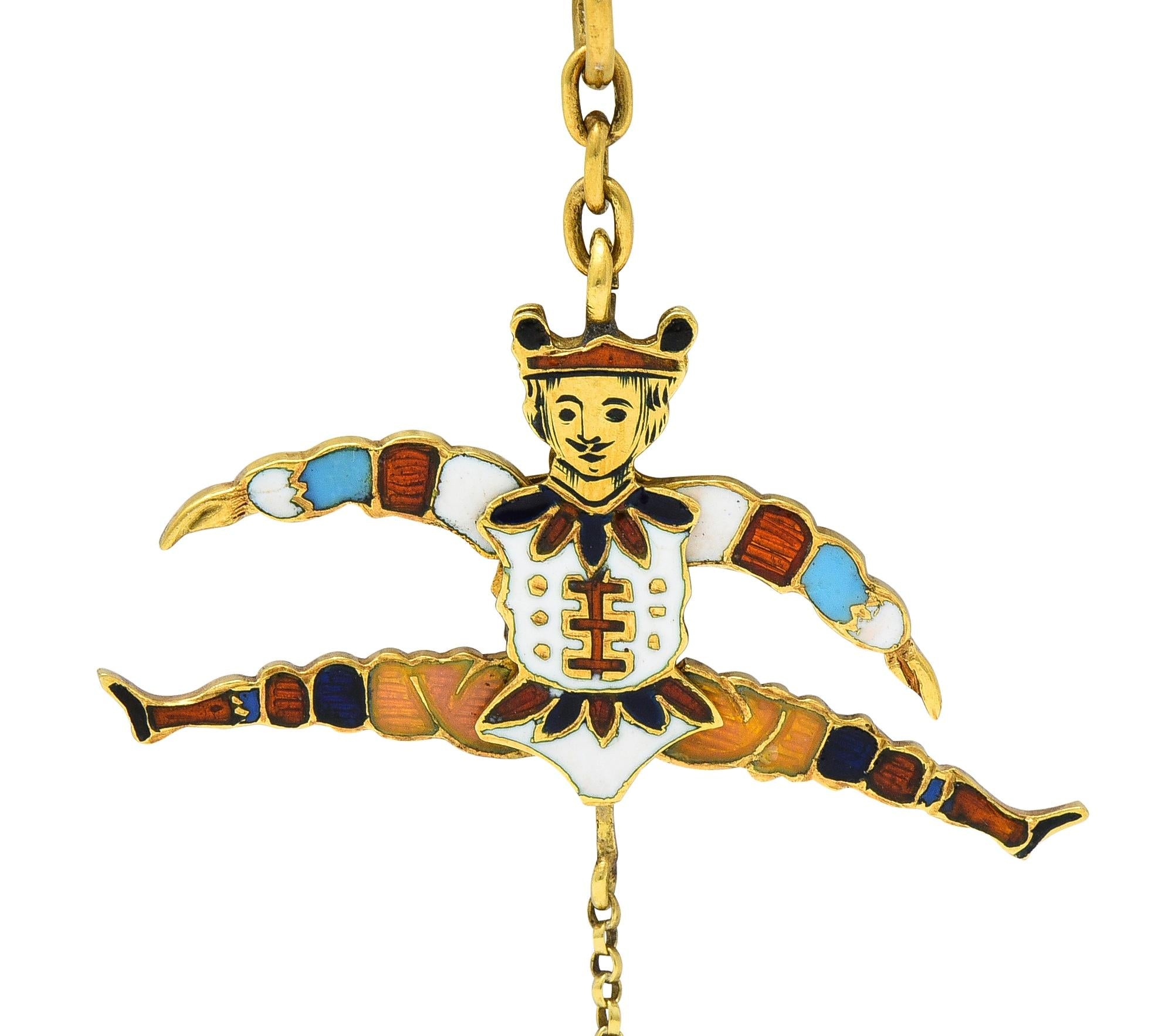 Victorian French Enamel 18 Karat Yellow Gold Jester Articulated Antique Charm