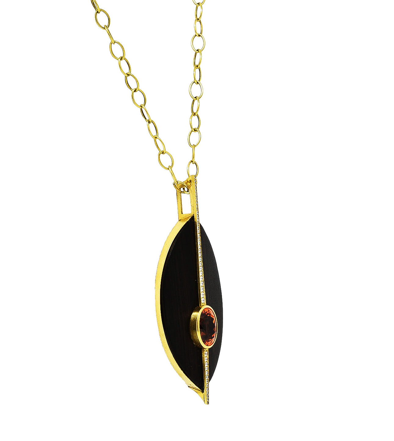 Vintage Garnet Diamond Wood 18 Karat Yellow Gold Modernist Pendant Necklace Wilson's Estate Jewelry