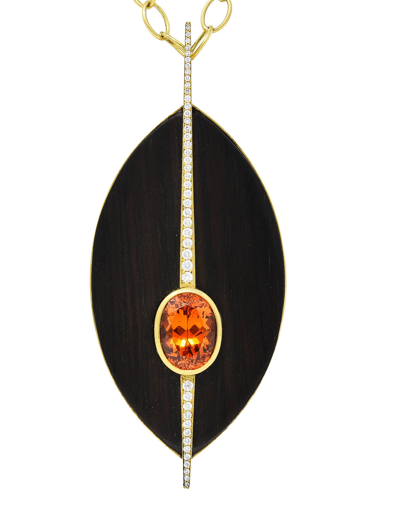 Vintage Garnet Diamond Wood 18 Karat Yellow Gold Modernist Pendant Necklace Wilson's Estate Jewelry