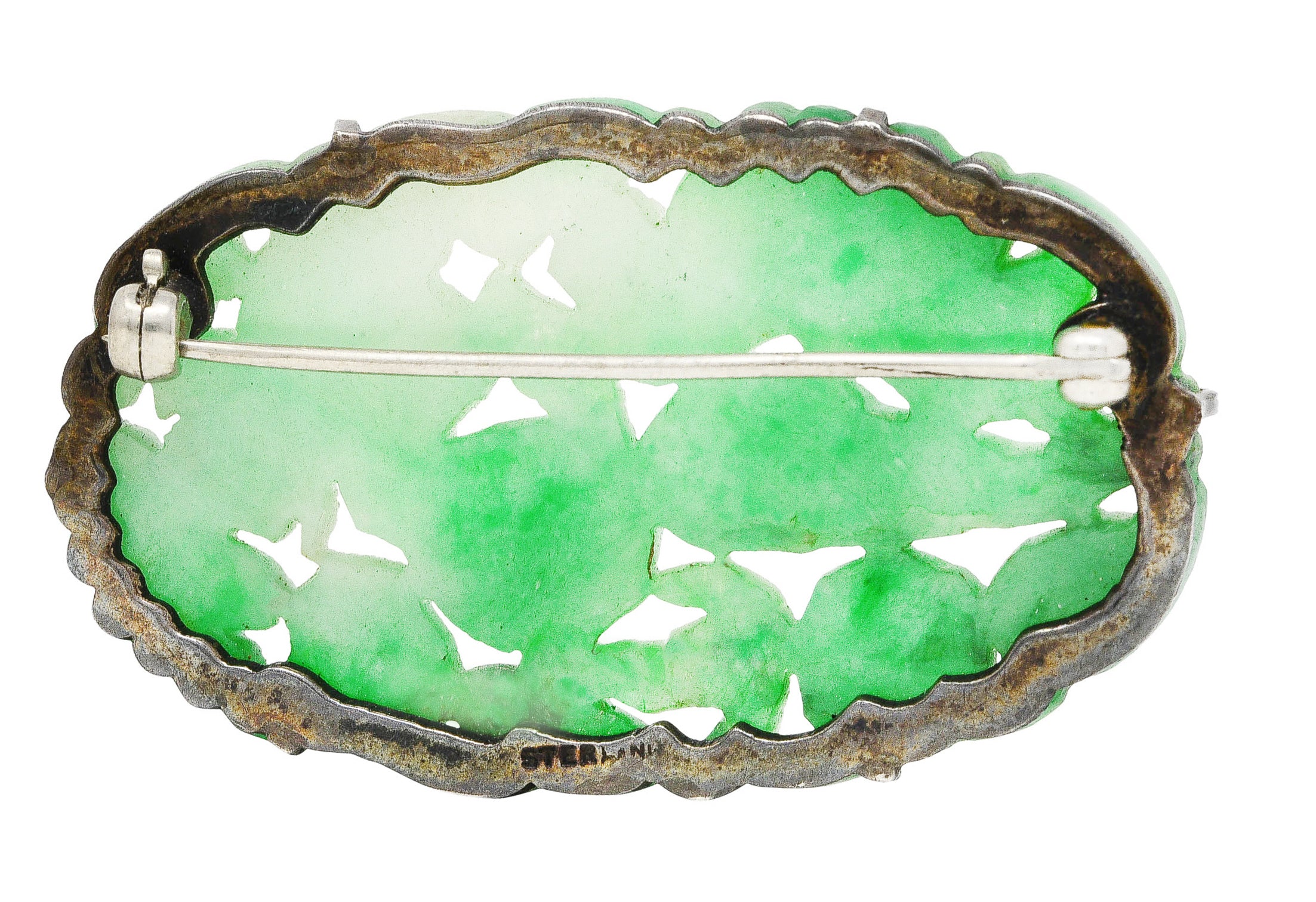 1920's Art Deco Carved Jadeite Jade Sterling Silver Floral Fruit Brooch GIA Wilson's Estate Jewelry