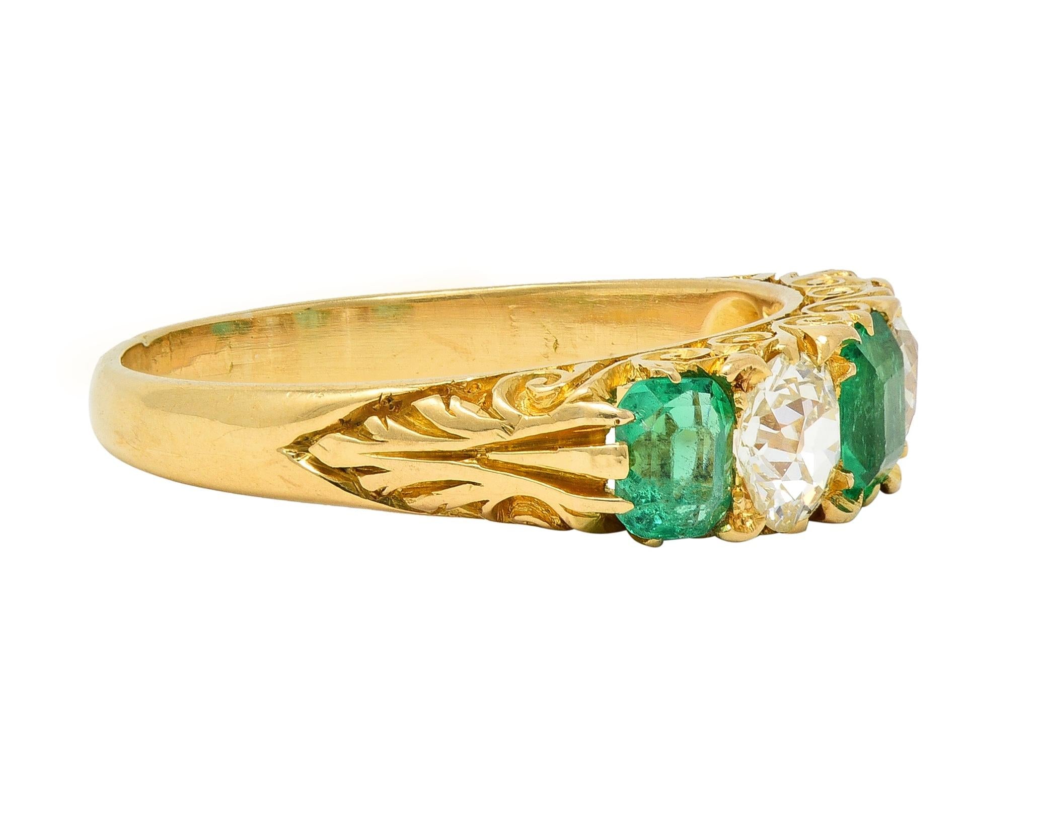 Victorian Emerald Diamond 18 Karat Yellow Gold Antique Five Stone Band Ring