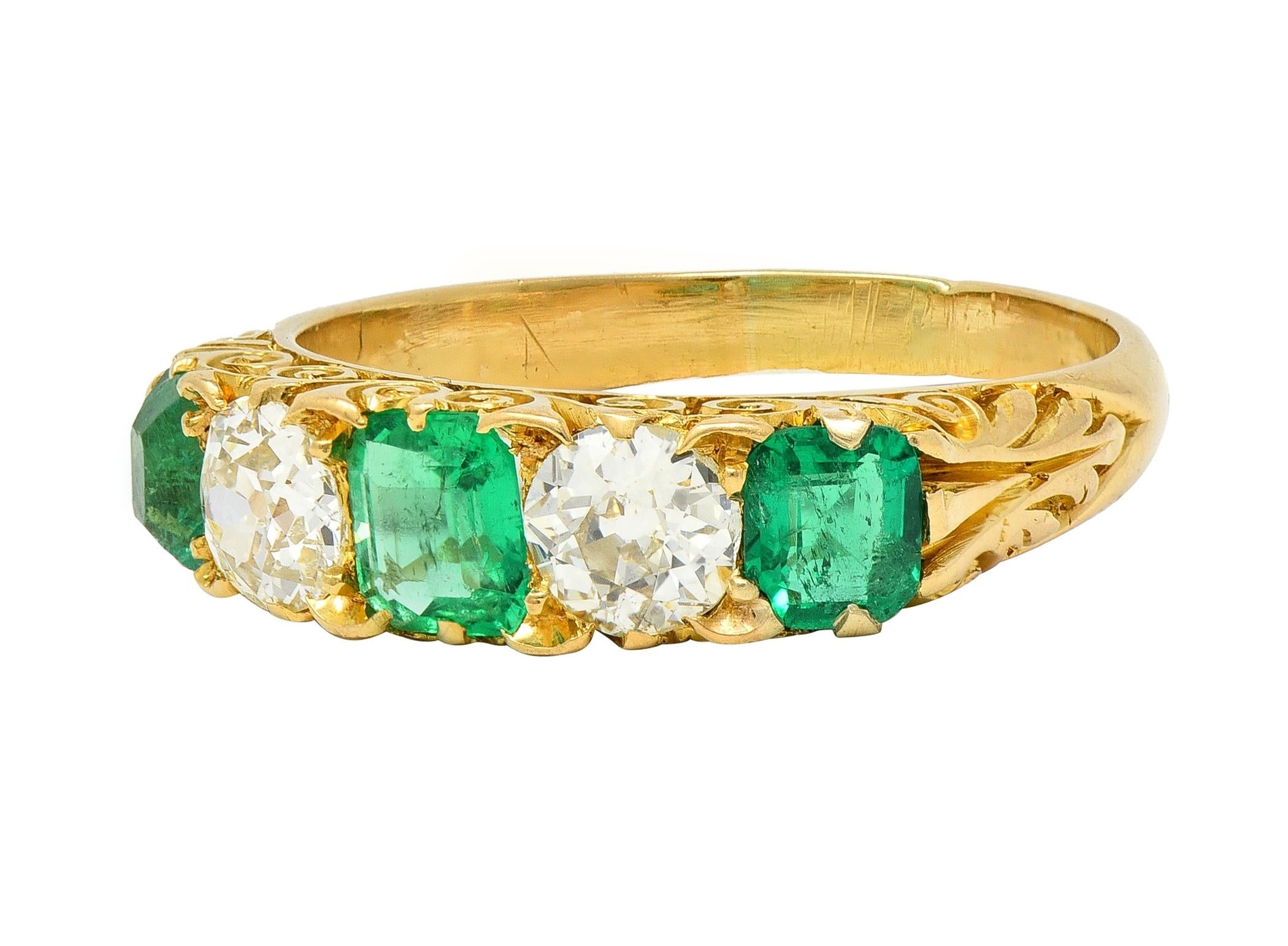 Victorian Emerald Diamond 18 Karat Yellow Gold Antique Five Stone Band Ring