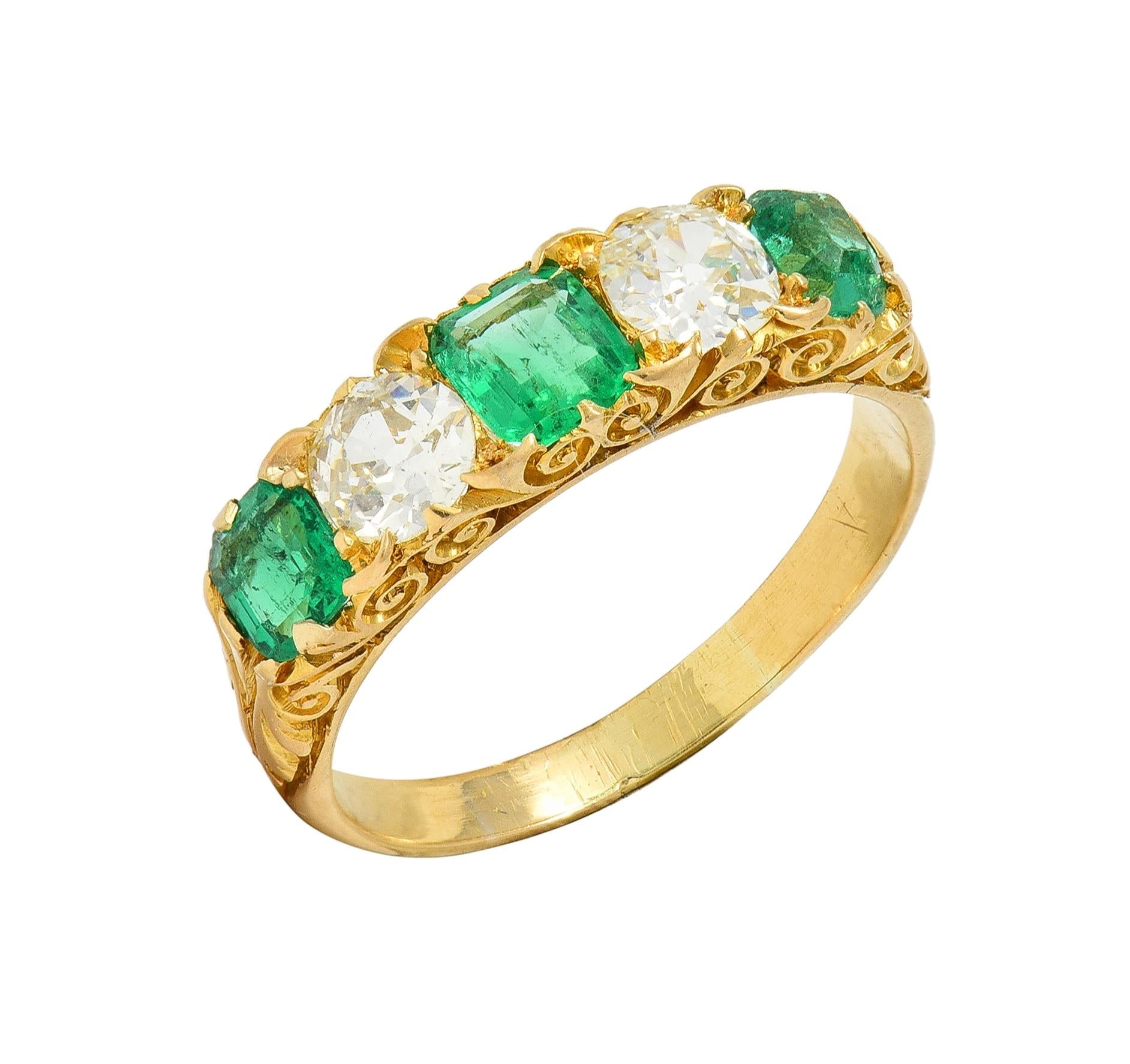 Victorian Emerald Diamond 18 Karat Yellow Gold Antique Five Stone Band Ring