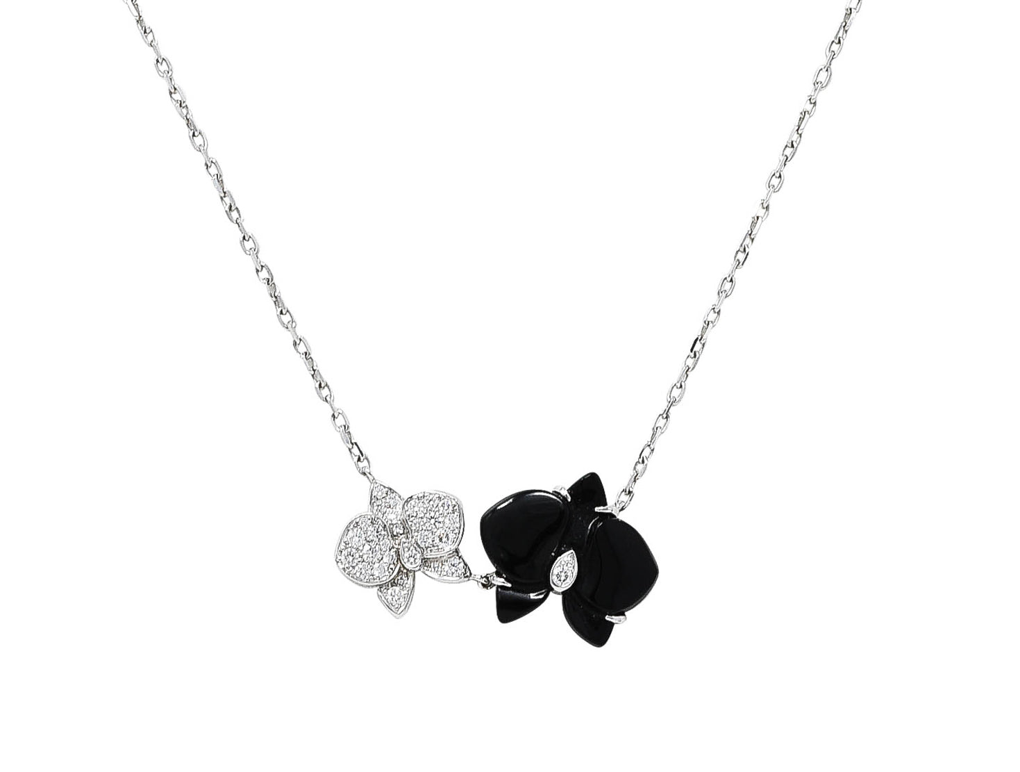 Cartier French Pave Diamond 18 Karat White Gold Caresse d'Orchidèes Flower Station Necklace Wilson's Estate Jewelry