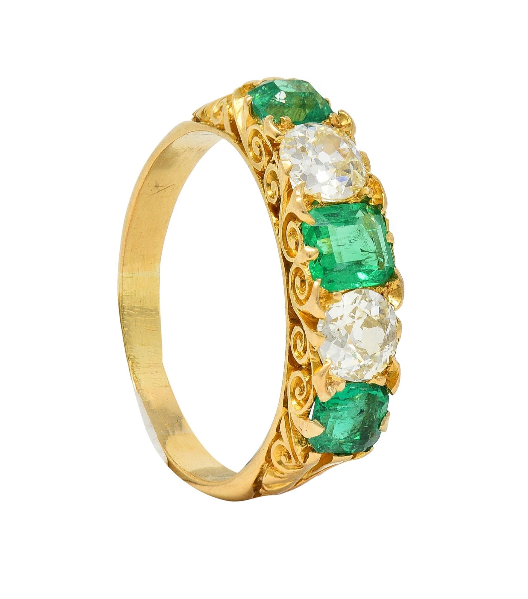 Victorian Emerald Diamond 18 Karat Yellow Gold Antique Five Stone Band Ring