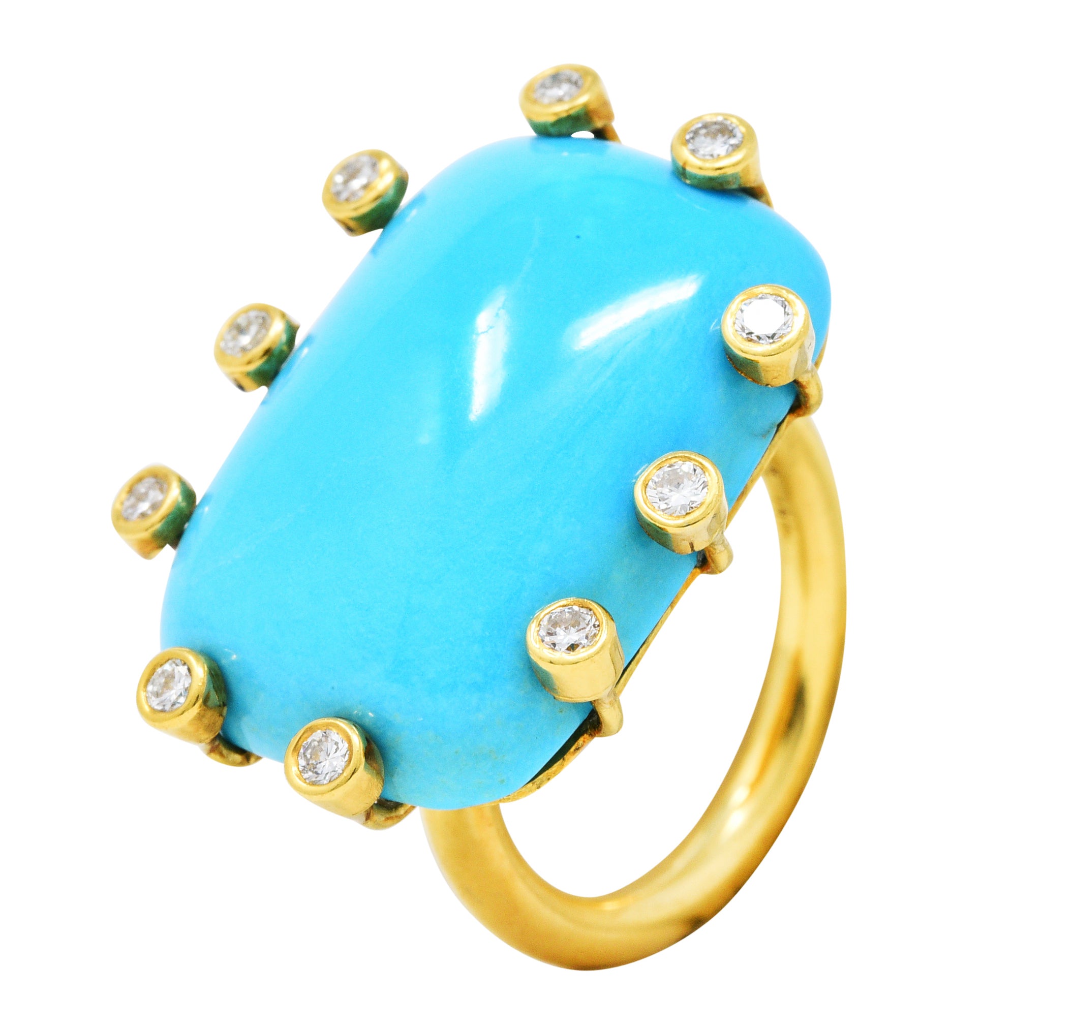 Modernist Turquoise Cabochon 0.30 CTW Diamond 18 Karat Gold RingRing - Wilson's Estate Jewelry