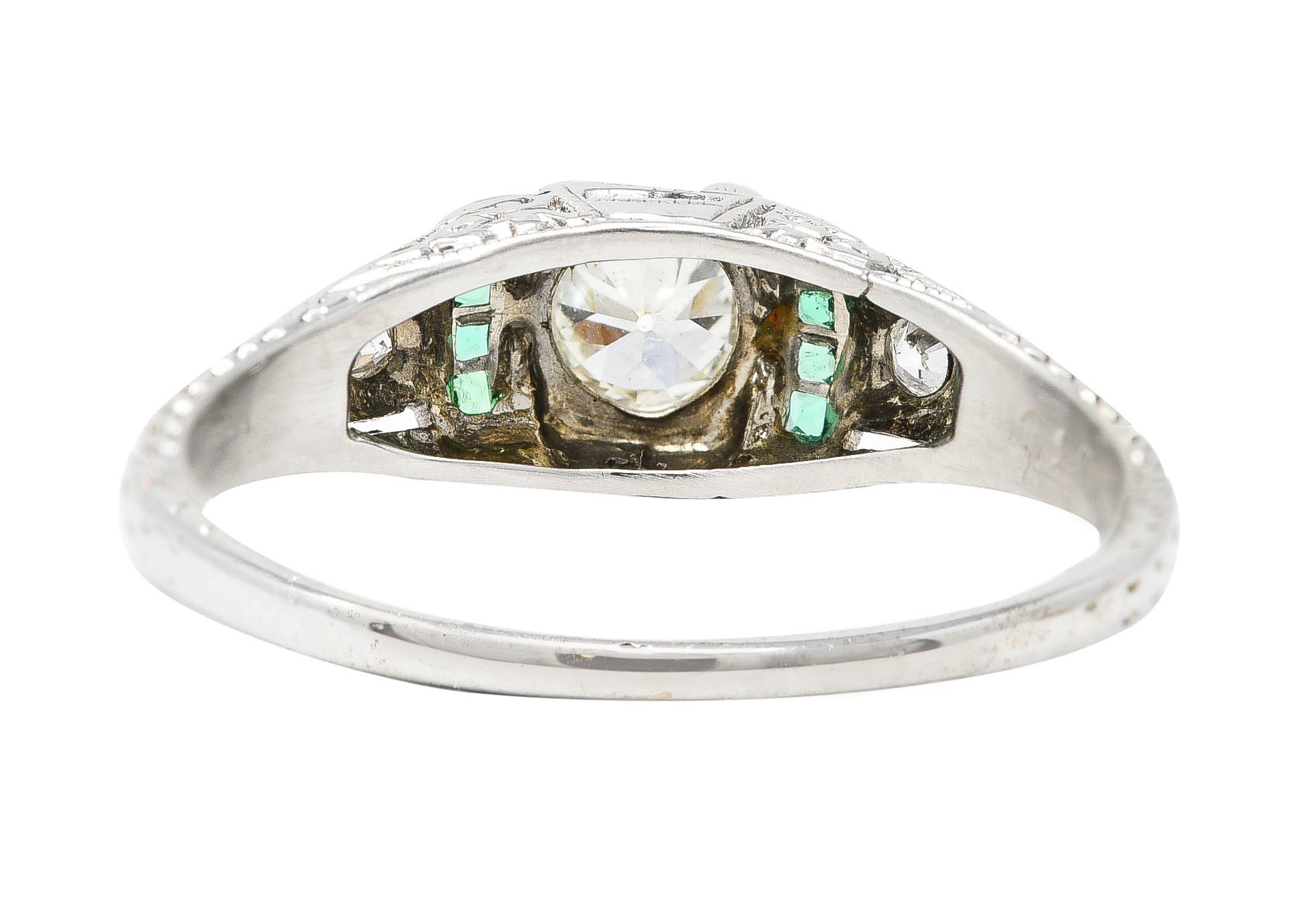 Art Deco Old European Cut Diamond Emerald 18 Karat White Gold Foliate Engagement Ring Wilson's Estate Jewelry