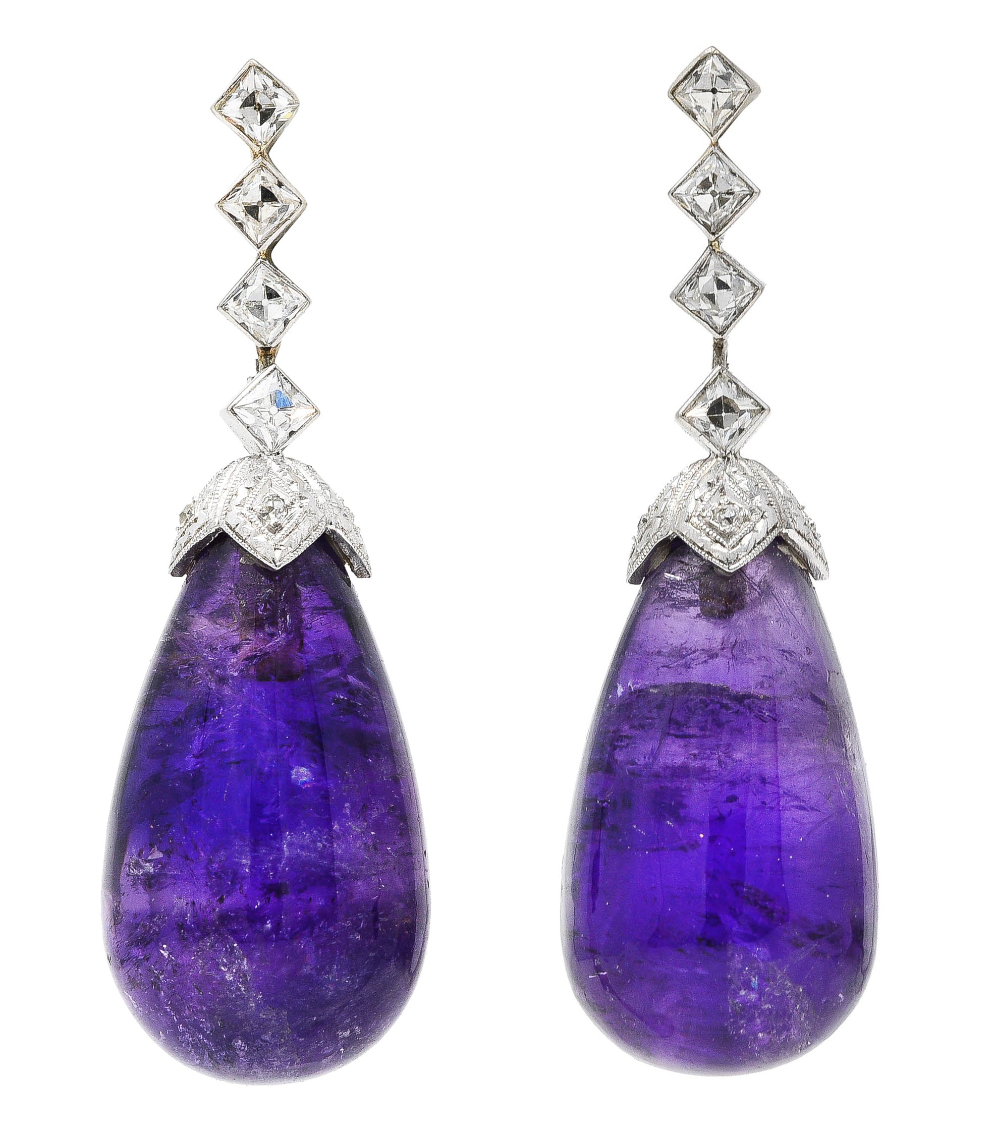 1930's Art Deco Amethyst Diamond Platinum Drop Earrings Wilson's Estate Jewelry