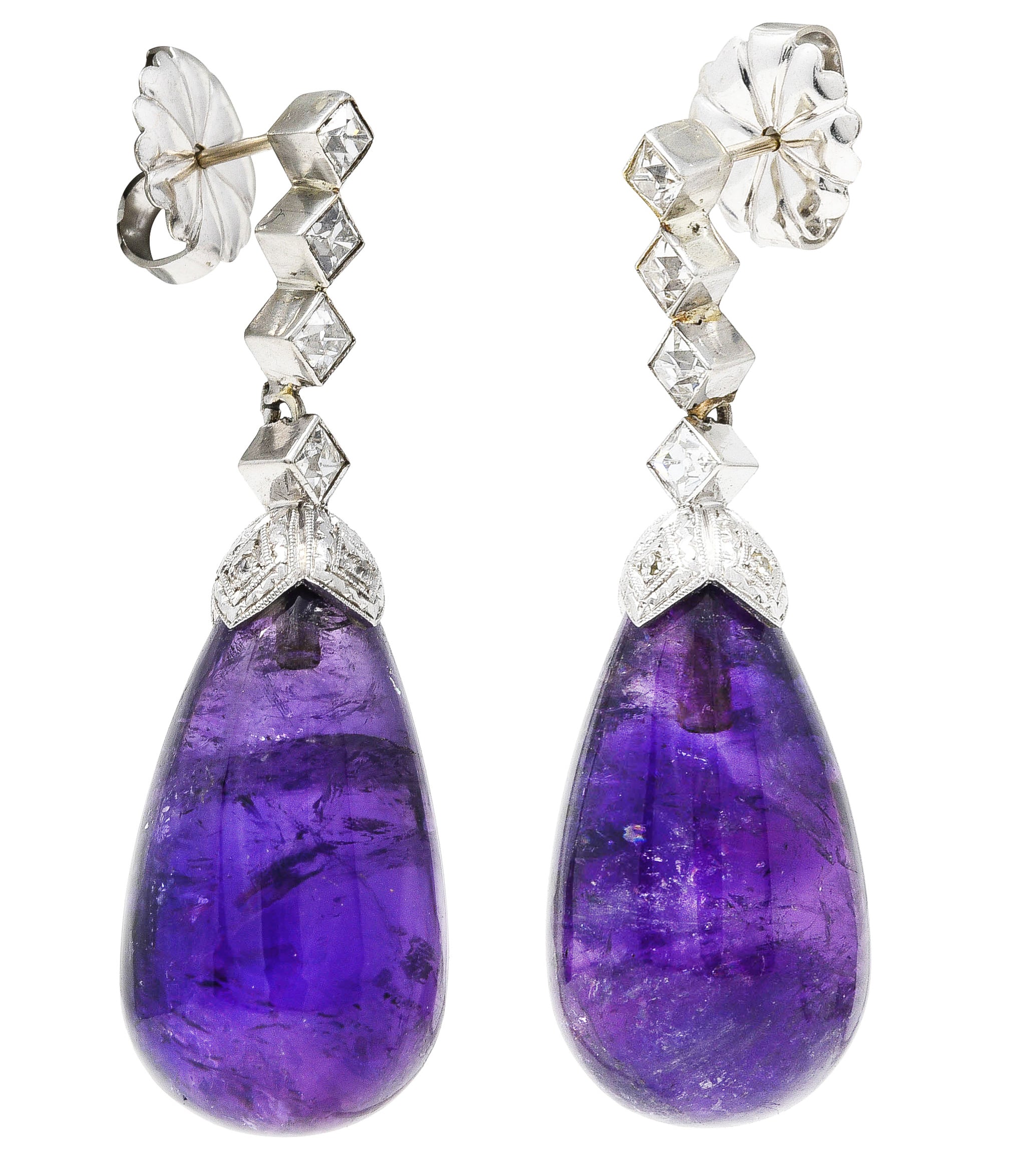 1930's Art Deco Amethyst Diamond Platinum Drop Earrings Wilson's Estate Jewelry