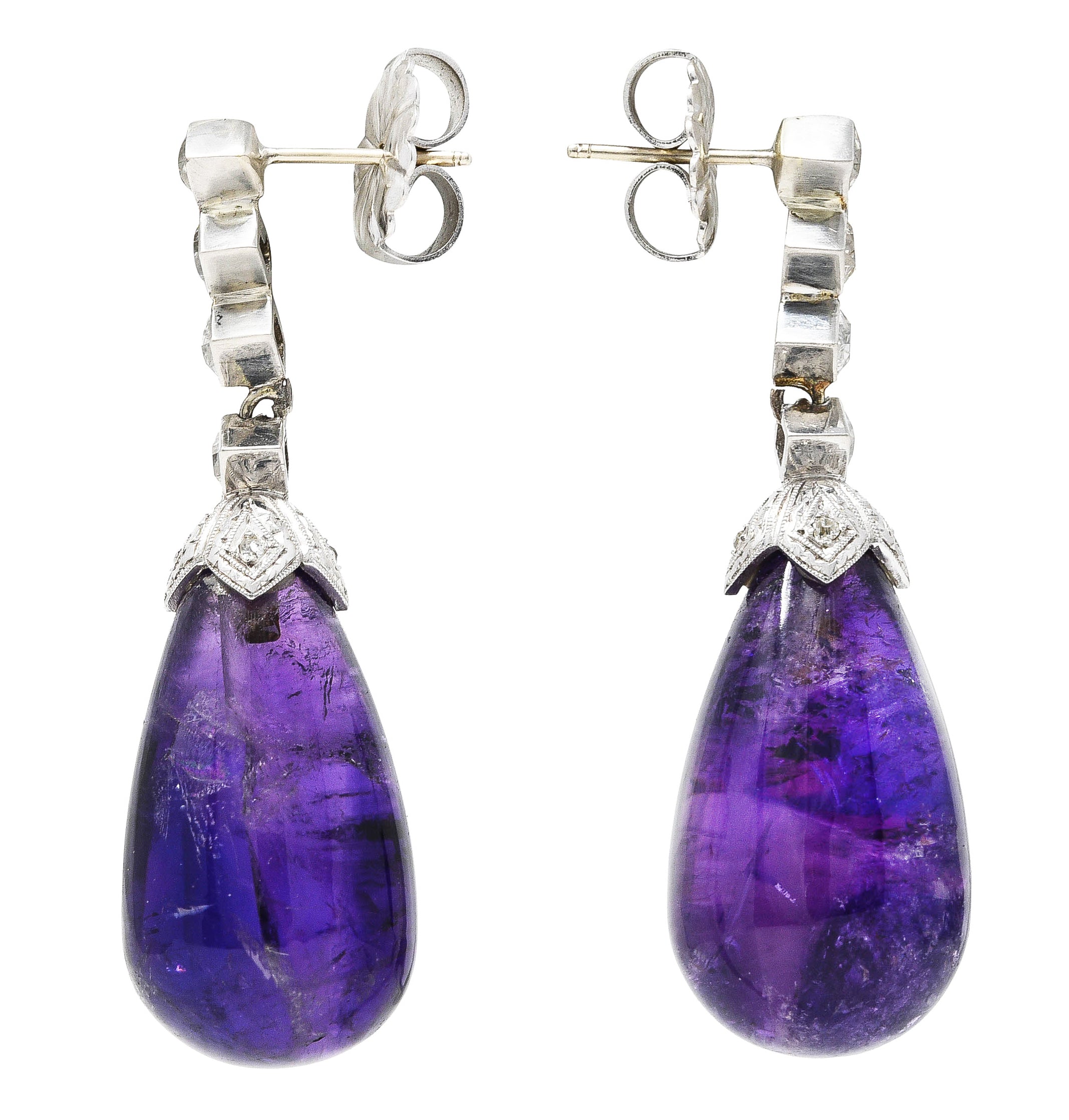 1930's Art Deco Amethyst Diamond Platinum Drop Earrings Wilson's Estate Jewelry