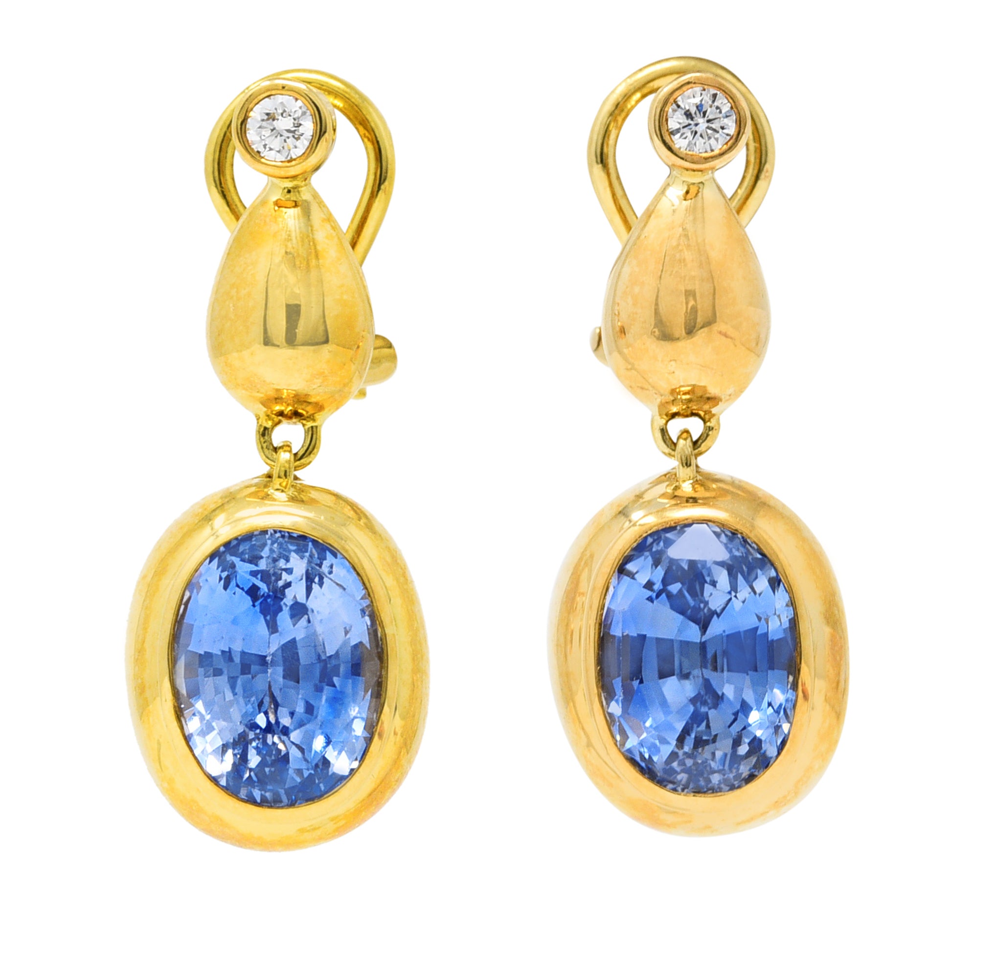 Contemporary 6.86 CTW Blue Sapphire Diamond 18 Karat Yellow Gold Drop Earrings Wilson's Estate Jewelry