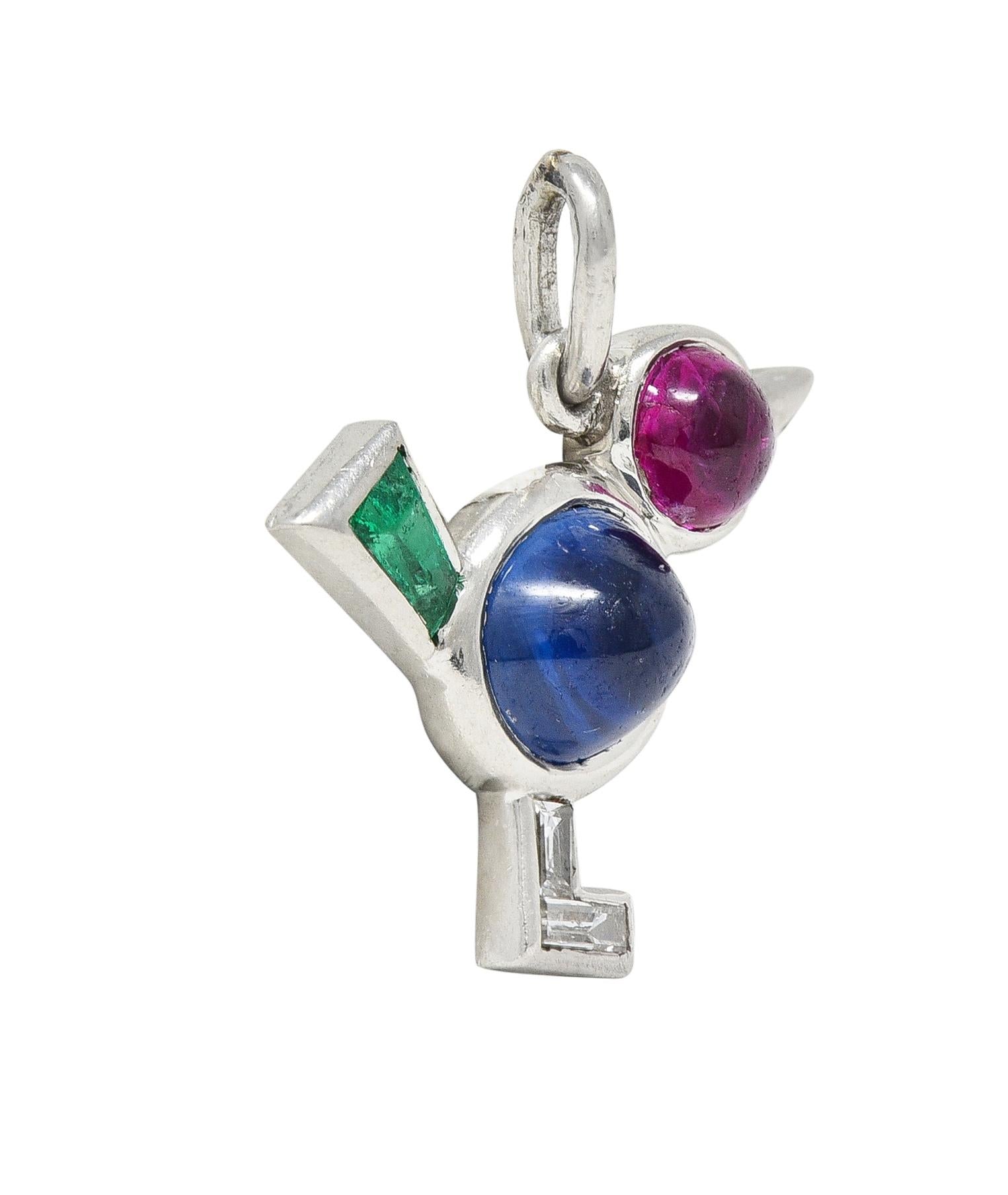 Art Deco 1.31 CTW Diamond Ruby Sapphire Emerald Platinum Vintage Bird Charm