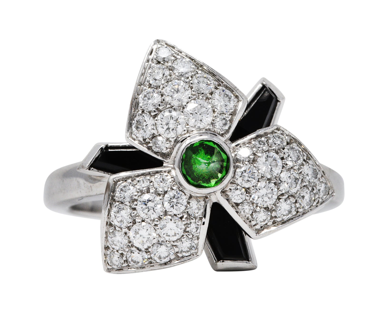 French Cartier Diamond Onyx Tsavorite Garnet 18 Karat White Gold Caresse D'Orchidees RingRing - Wilson's Estate Jewelry