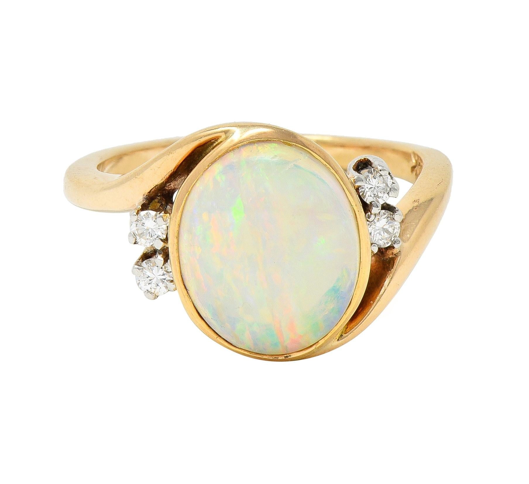 Vintage Opal Cabochon Diamond Platinum 14 Karat Yellow Gold Bypass Ring