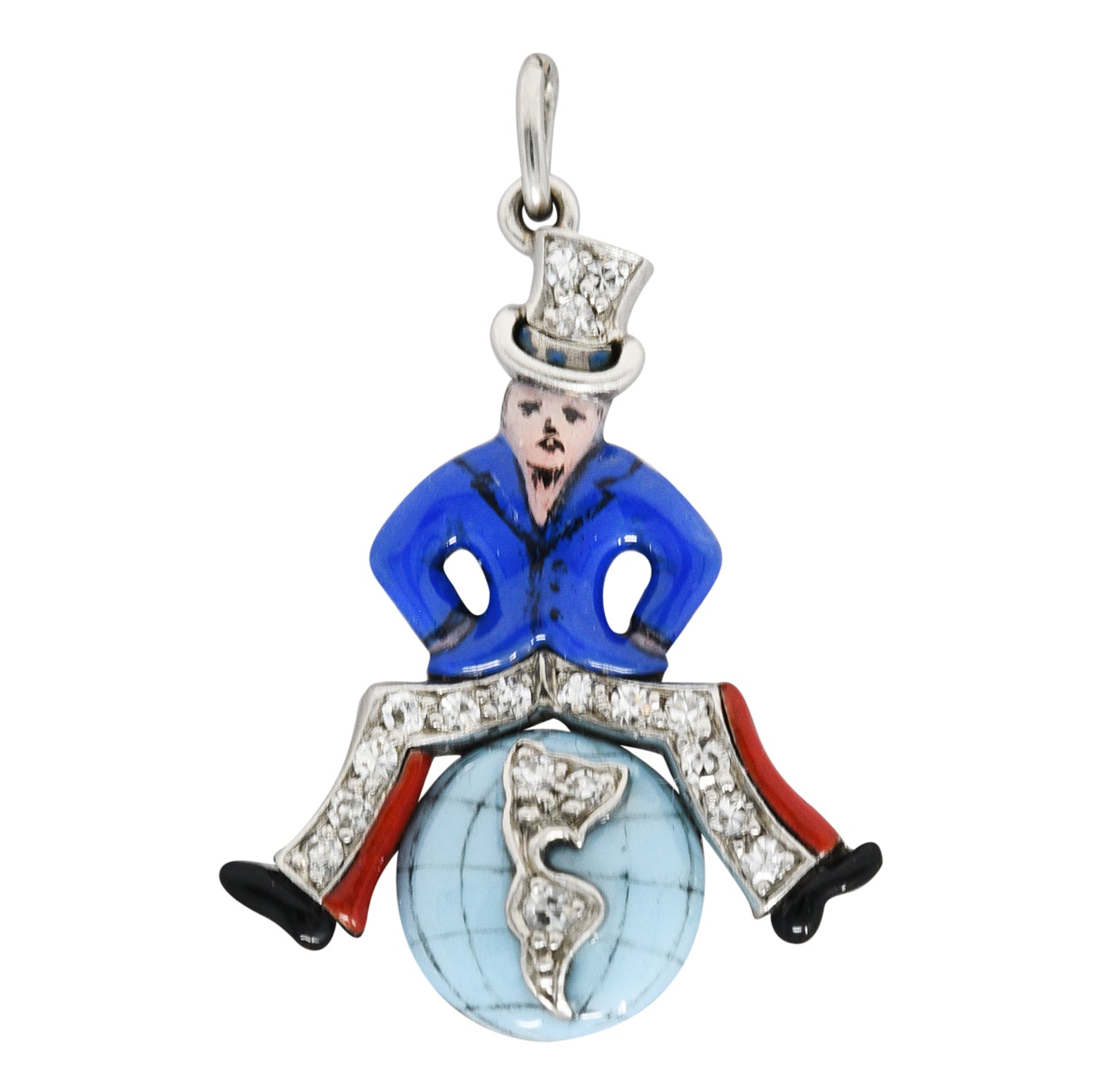 Art Deco Diamond Enamel Platinum Uncle Sam Sitting Globe Charm Wilson's Estate Jewelry