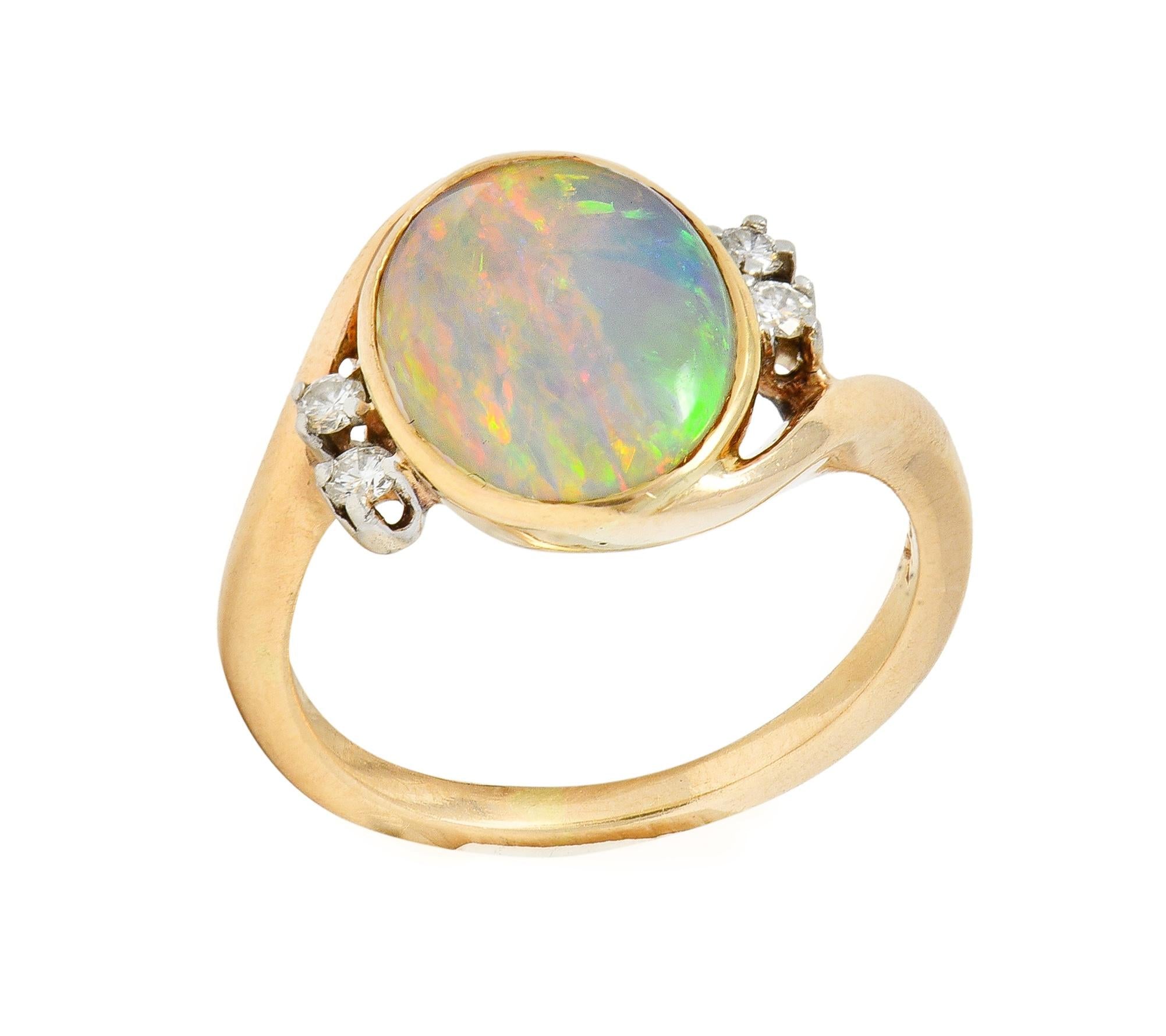 Vintage Opal Cabochon Diamond Platinum 14 Karat Yellow Gold Bypass Ring