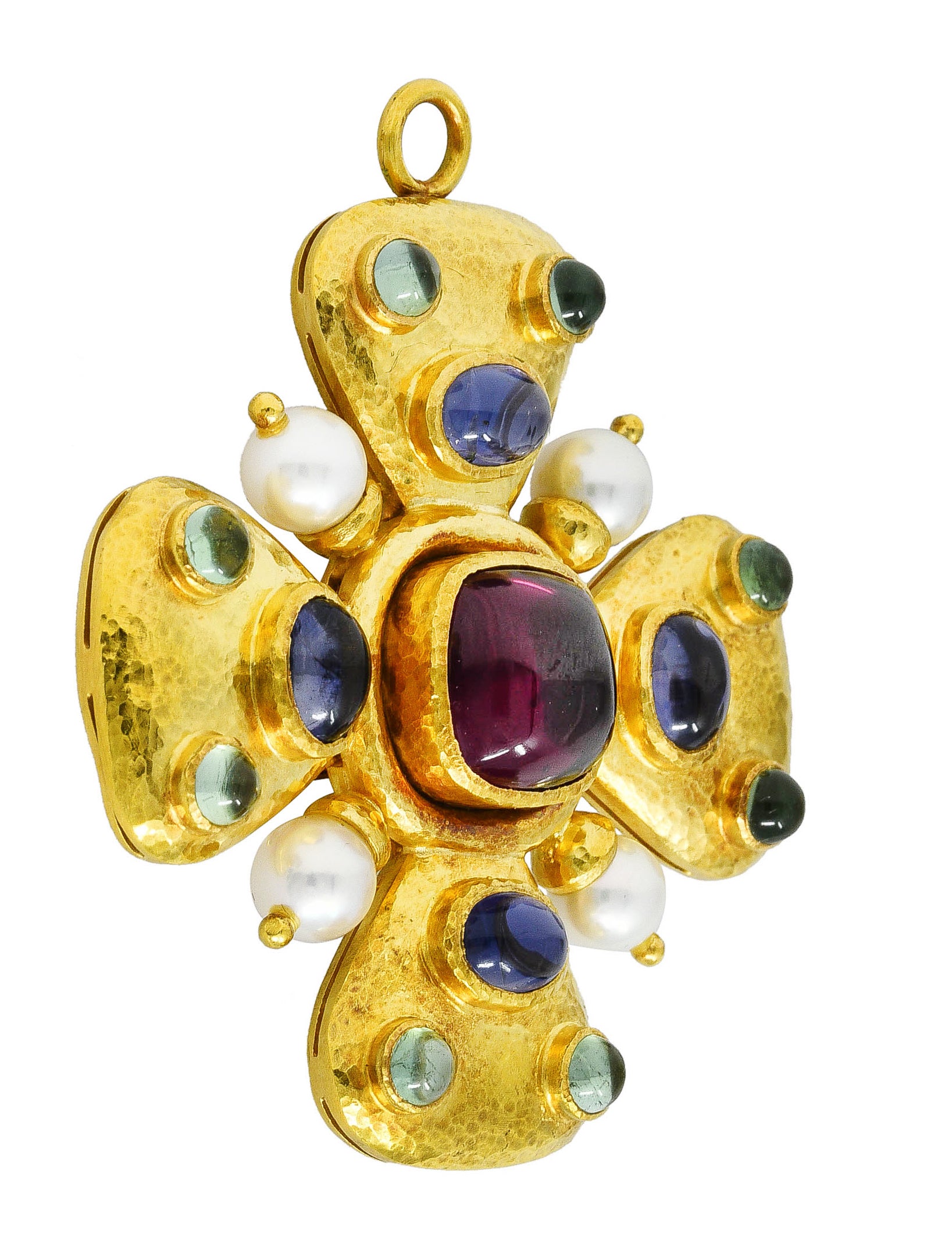 Elizabeth Locke Rhodolite Garnet Tourmaline Iolite 18 Karat Yellow Gold Maltese Cross Pendant Brooch Wilson's Estate Jewelry