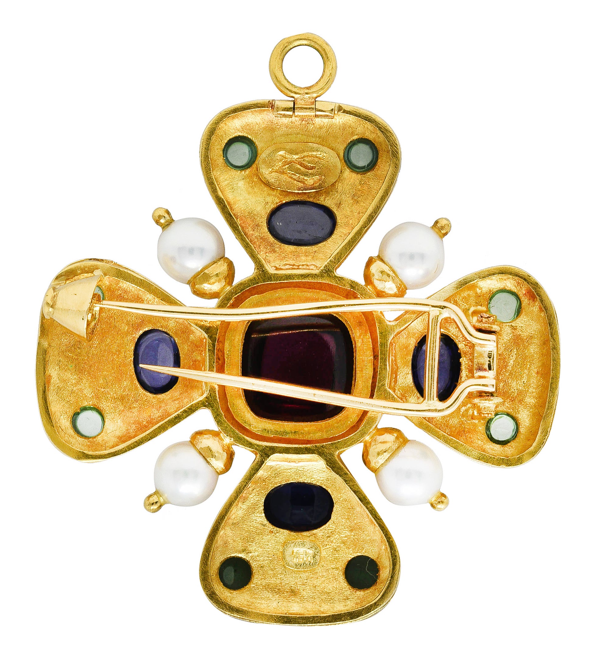 Elizabeth Locke Rhodolite Garnet Tourmaline Iolite 18 Karat Yellow Gold Maltese Cross Pendant Brooch Wilson's Estate Jewelry