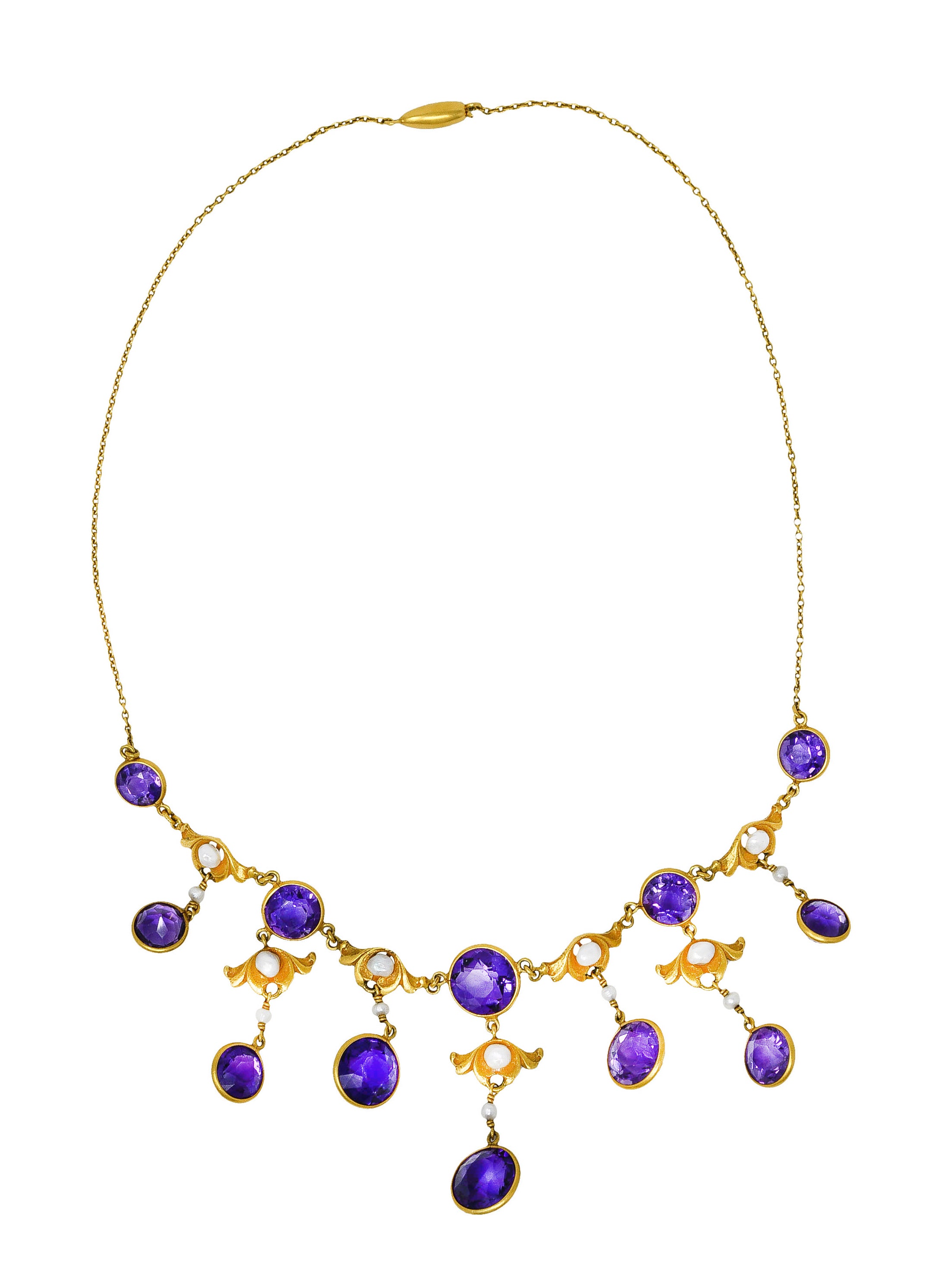 Art Nouveau Amethyst Pearl 14 Karat Gold Station Fringe Drop NecklaceNecklaces - Wilson's Estate Jewelry