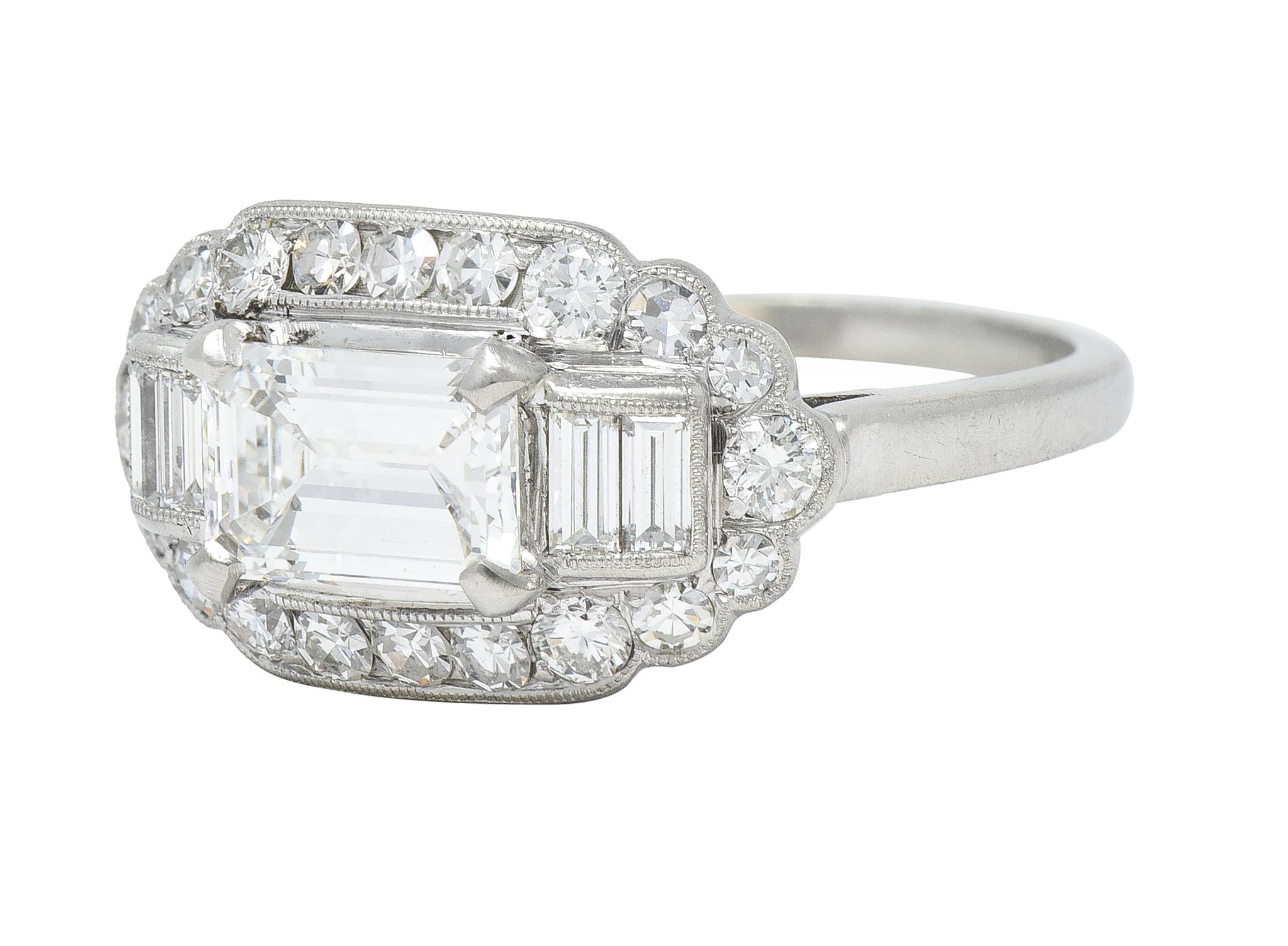 Mid-Century 1.85 CTW Emerald Cut Diamond Platinum Halo Vintage Dinner Ring GIA