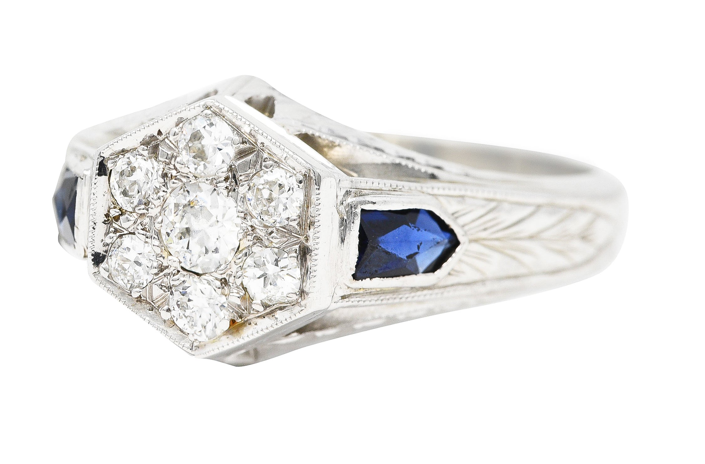 Art Deco 0.45 CTW Old European Sapphire 20 Karat White Gold Foliate Cluster Unisex Signet Ring Wilson's Estate Jewelry